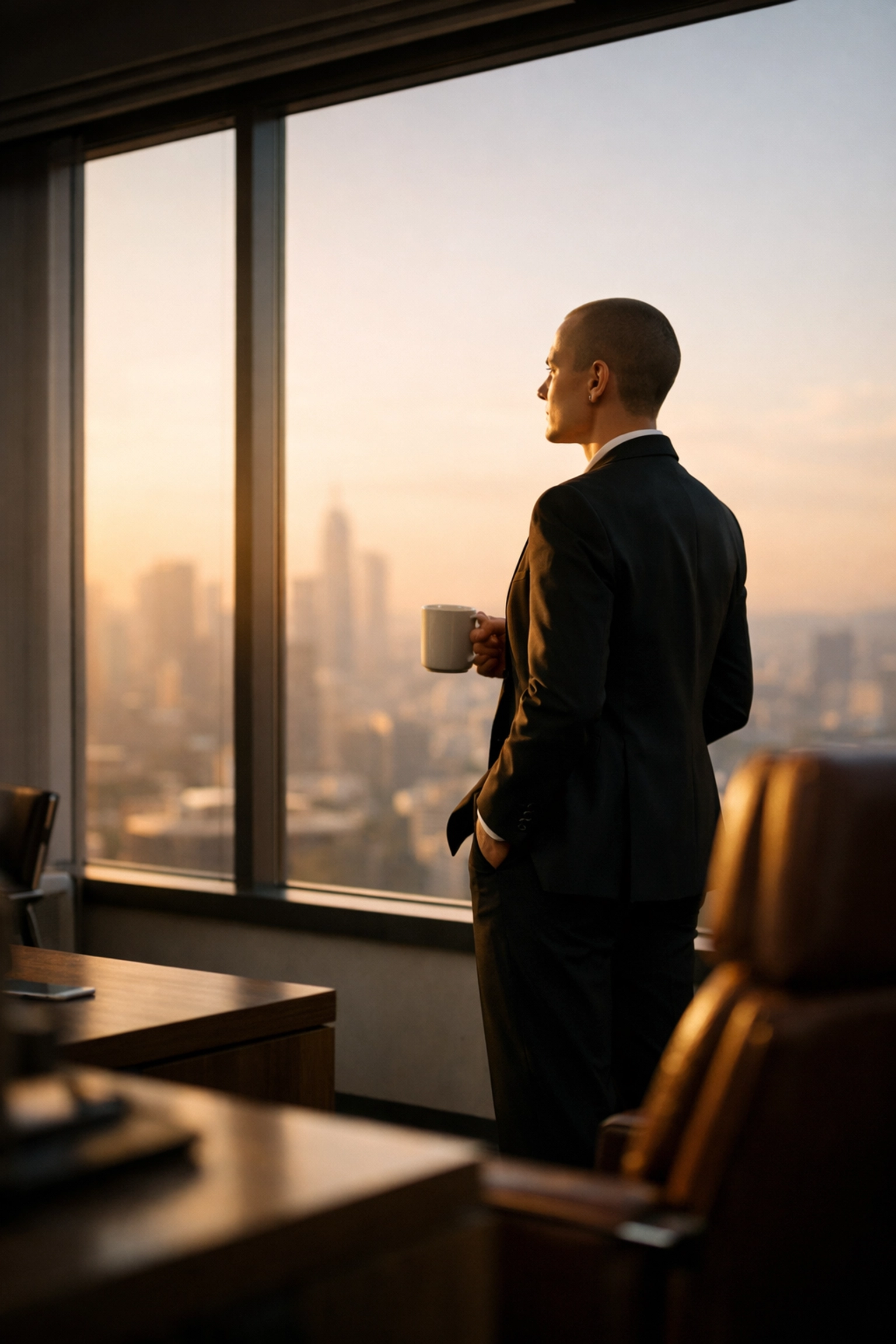 A business owner overlooking a city, representing the freedom and control gained through CRM automation.