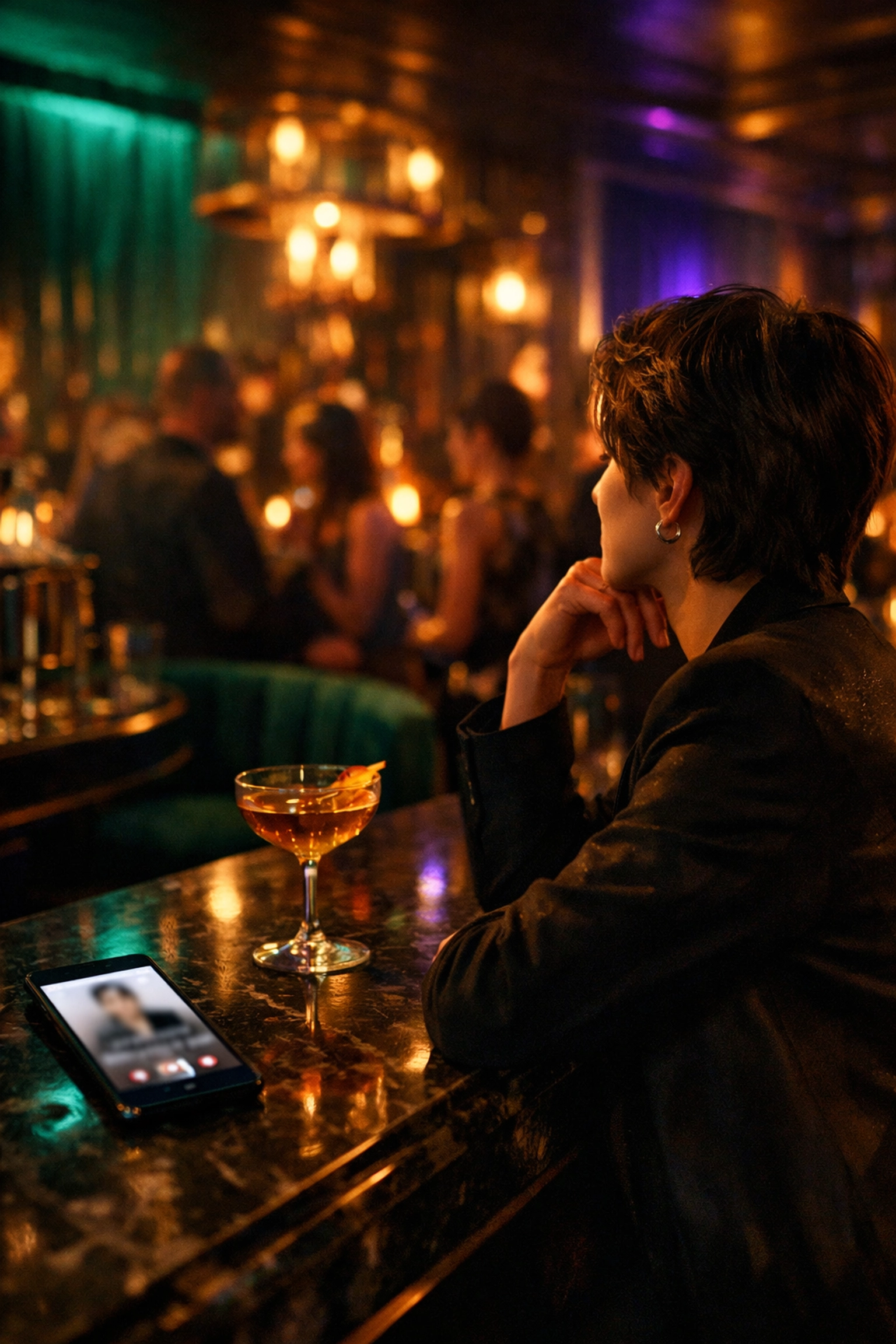 A person at a bar ignoring a dating app to look at the crowd, illustrating dating app fatigue.
