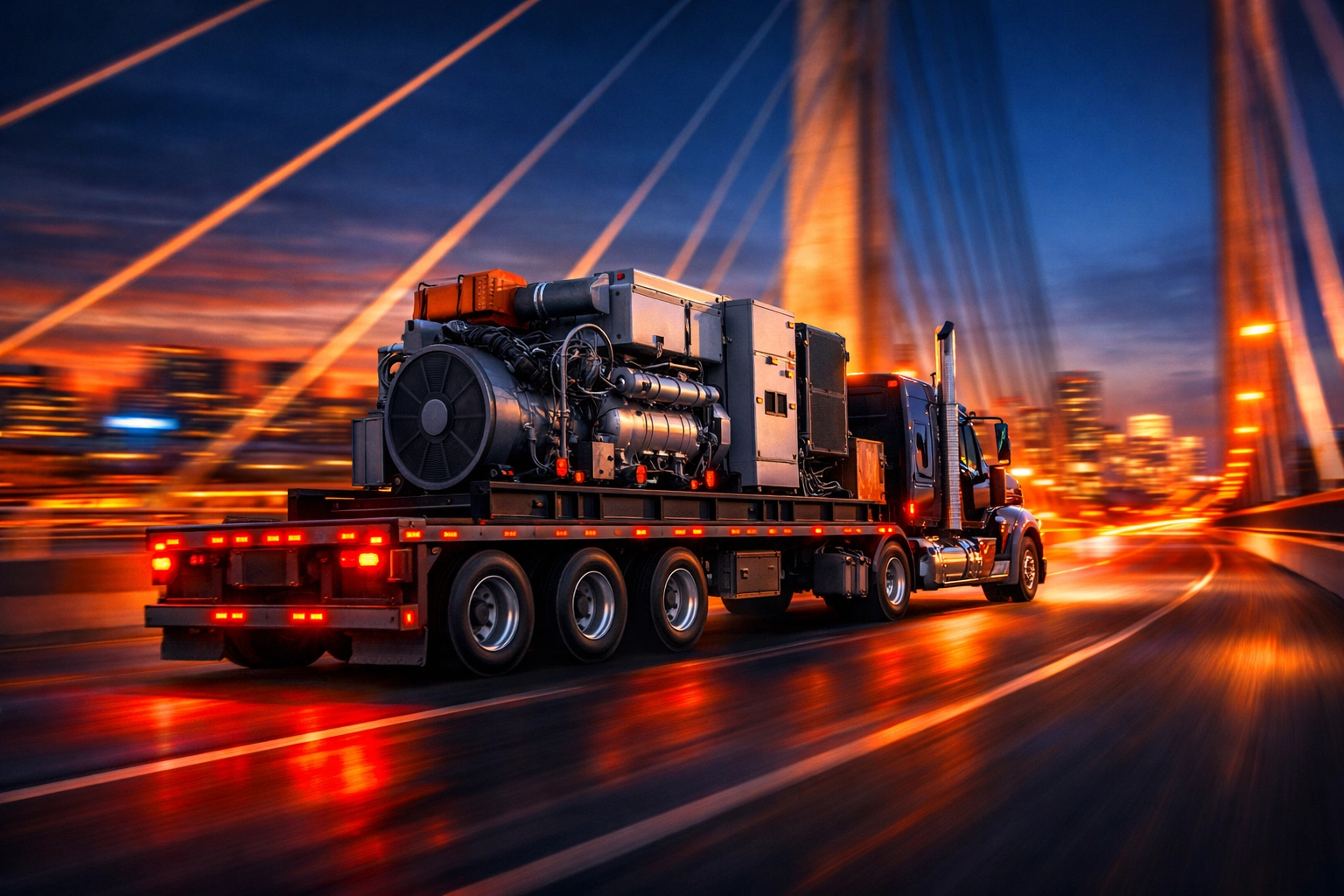 Heavy-duty truck transporting a massive industrial power generator across a bridge at dusk.