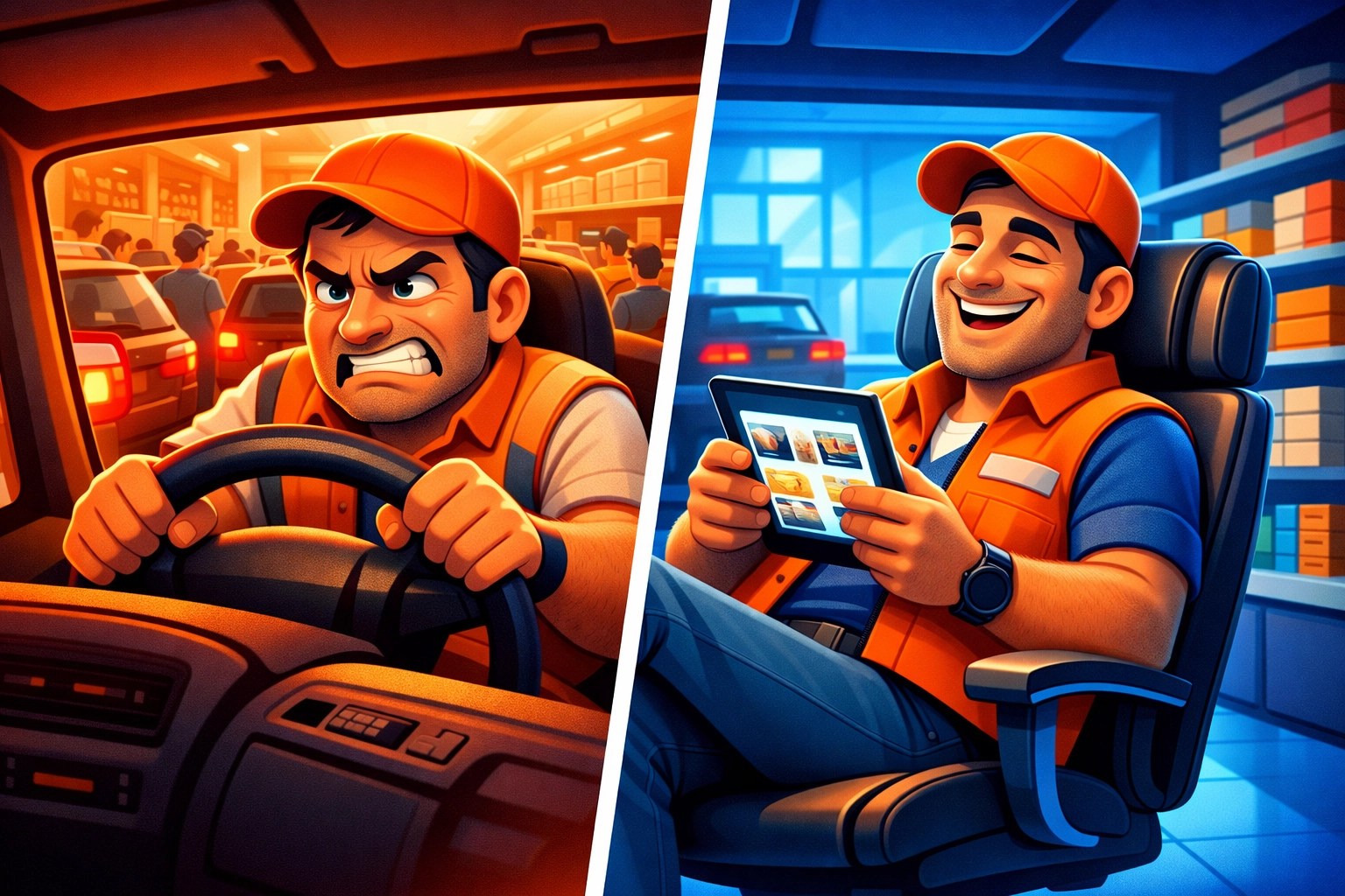 Contractor comparing traditional hardware store shopping vs convenient online ordering from home