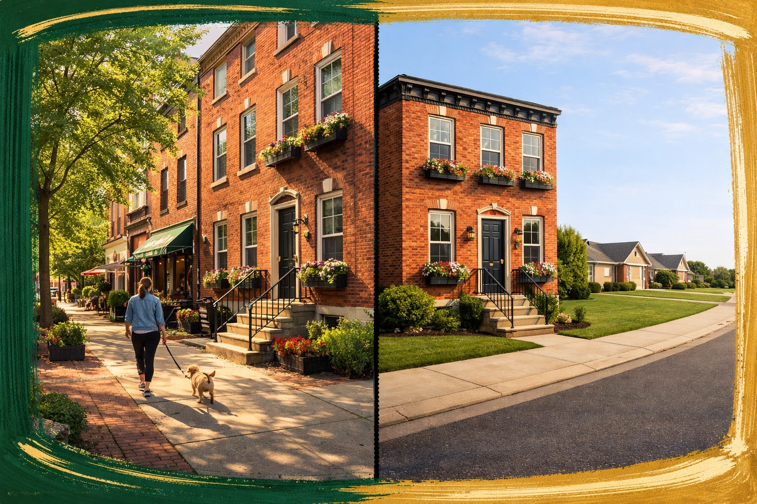 Side-by-side comparison of walkable rowhome with sidewalks versus isolated suburban home without pedestrian access Side-by-side comparison of walkable rowhome with sidewalks versus isolated suburban home without pedestrian access