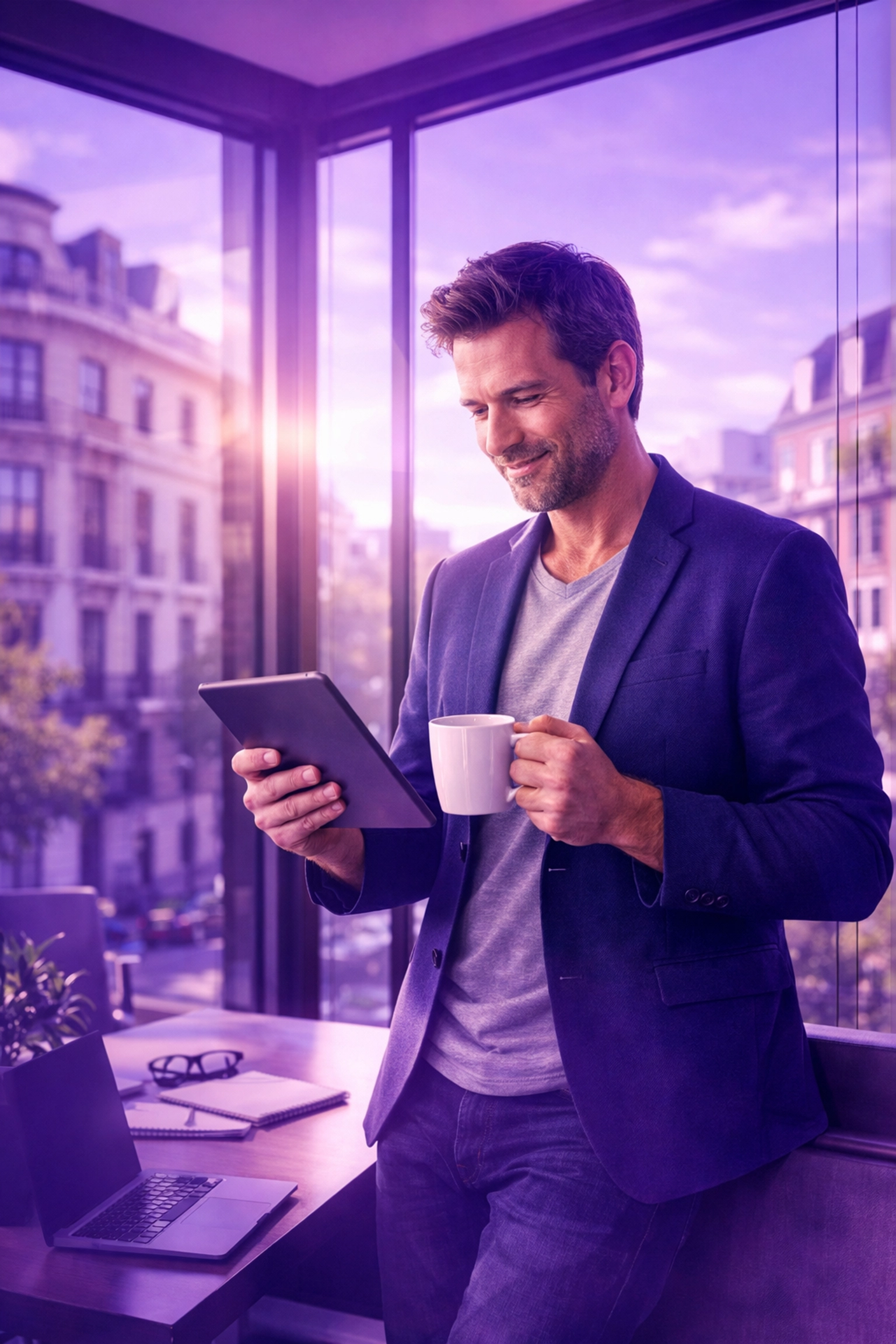 A real estate agency director using an executive AI assistant on a tablet to oversee business automation.