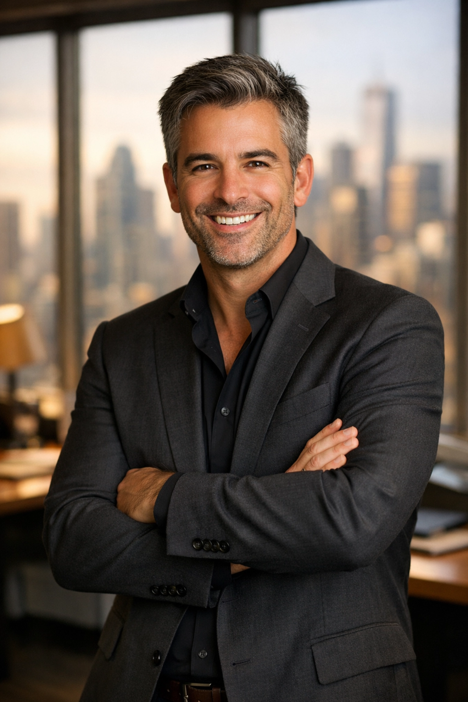 Confident gay executive in modern office representing queer professional leadership success