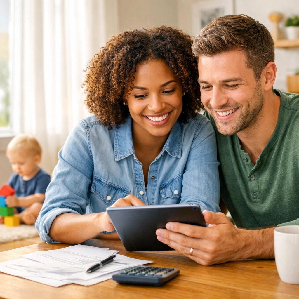 Blacktown family managing their child care subsidy and income estimates on a tablet at home.