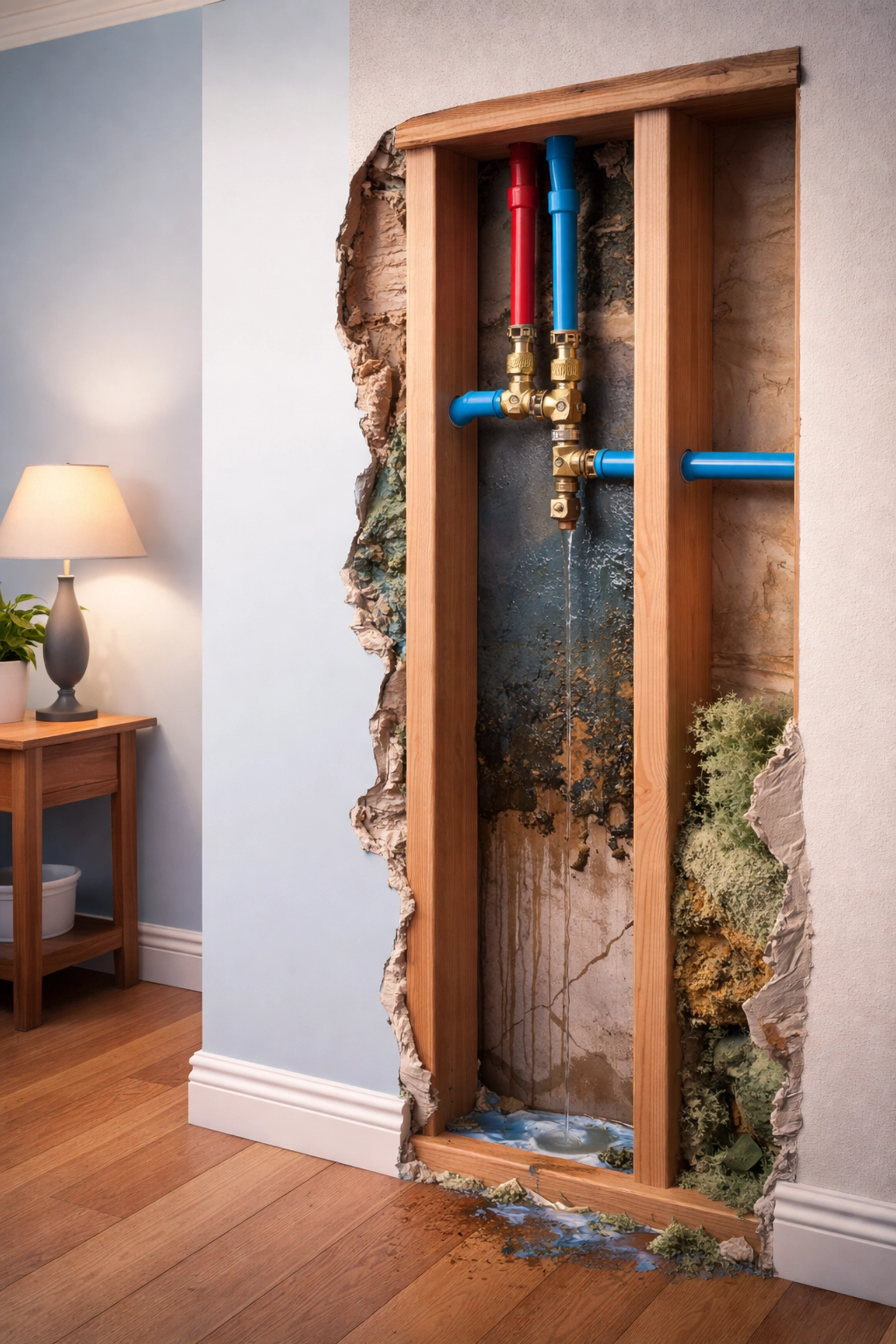 Cross-section of a house wall showing hidden pipe leaks and water damage, emphasizing plumbing inspection benefits