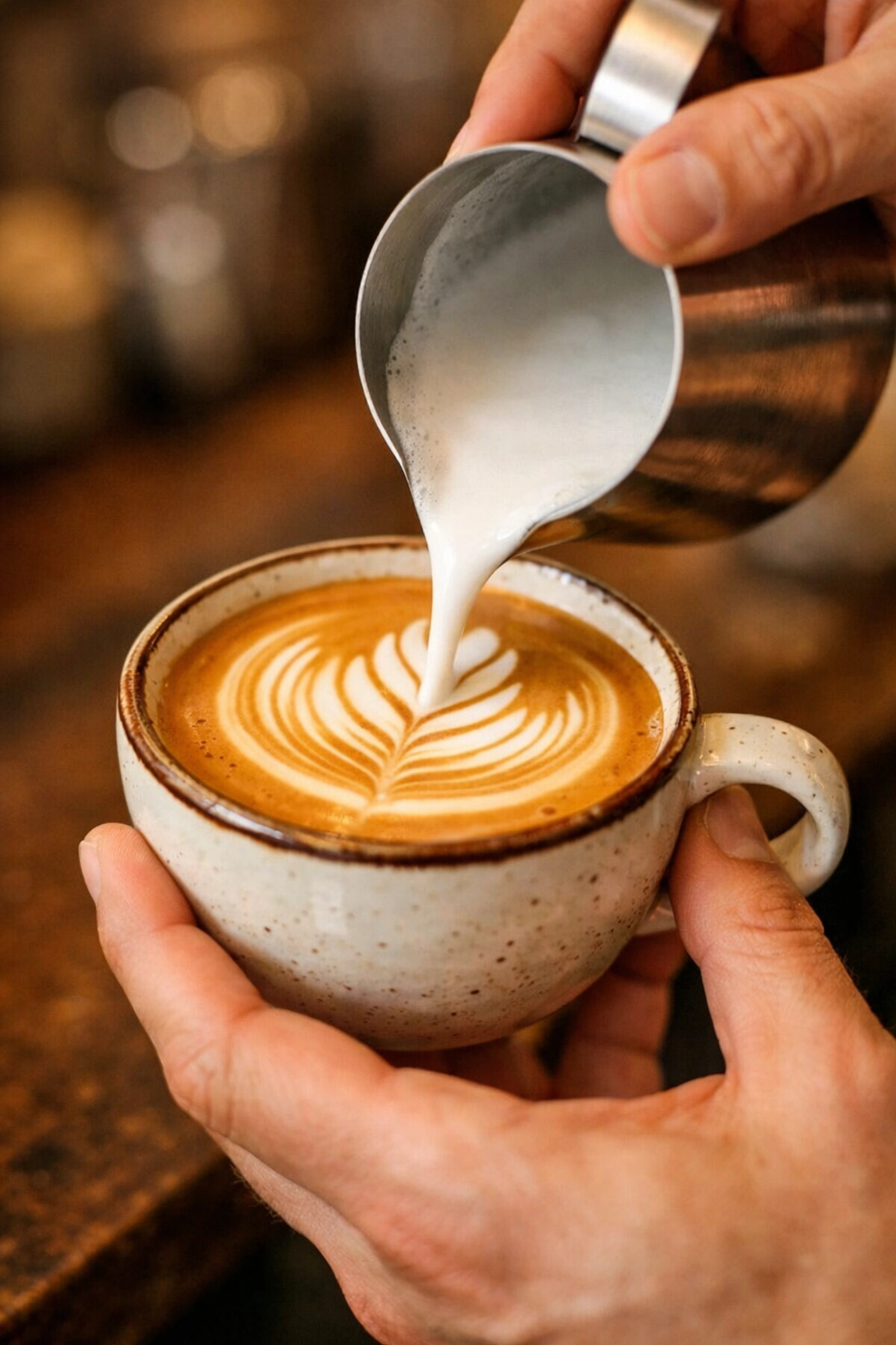 Professional barista pouring latte art with steamed milk into a fresh cup of specialty espresso.