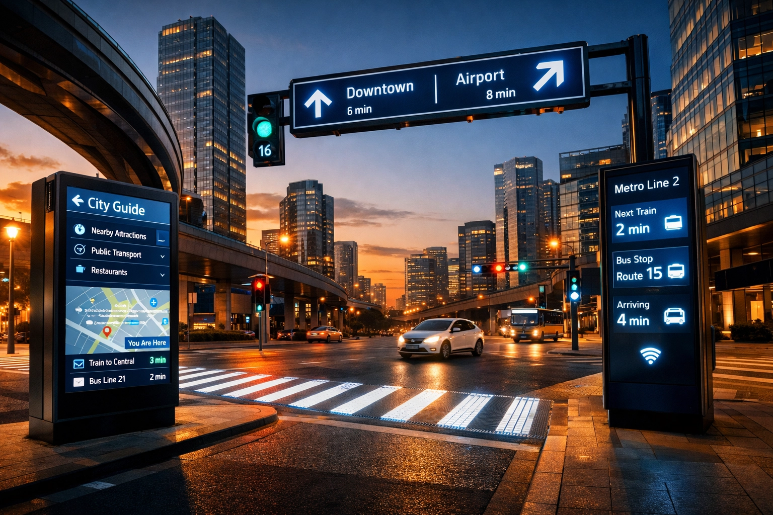 Smart city intersection with digital wayfinding displays and integrated transportation infrastructure