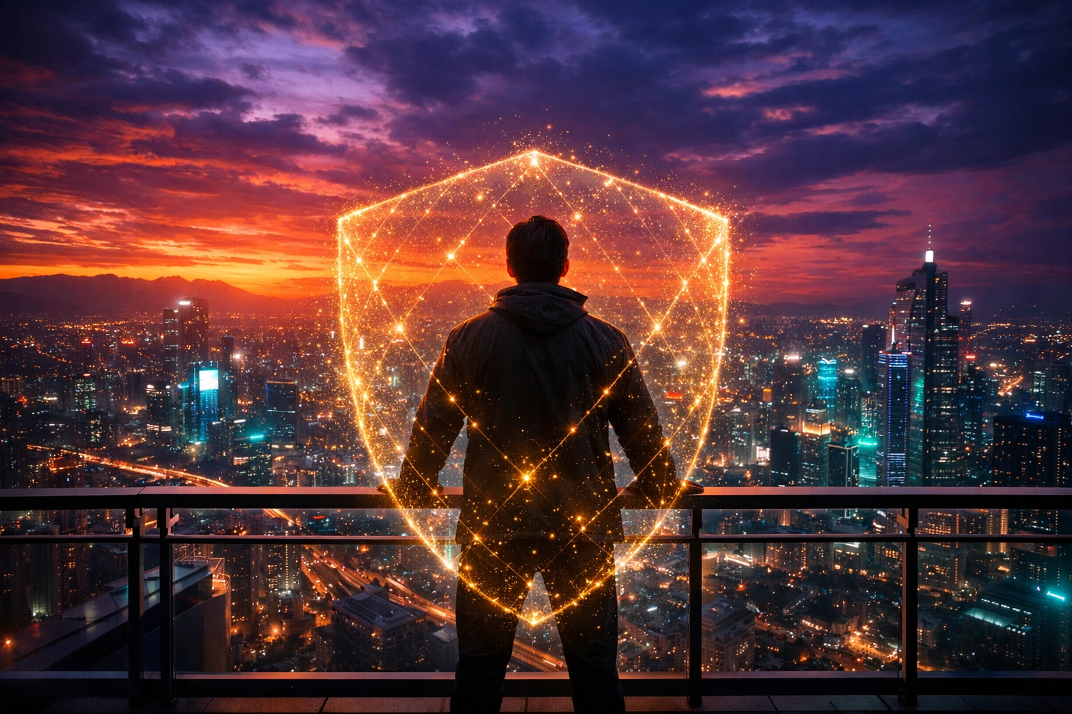 Person overlooking a future city with a digital shield representing personal identity sovereignty.