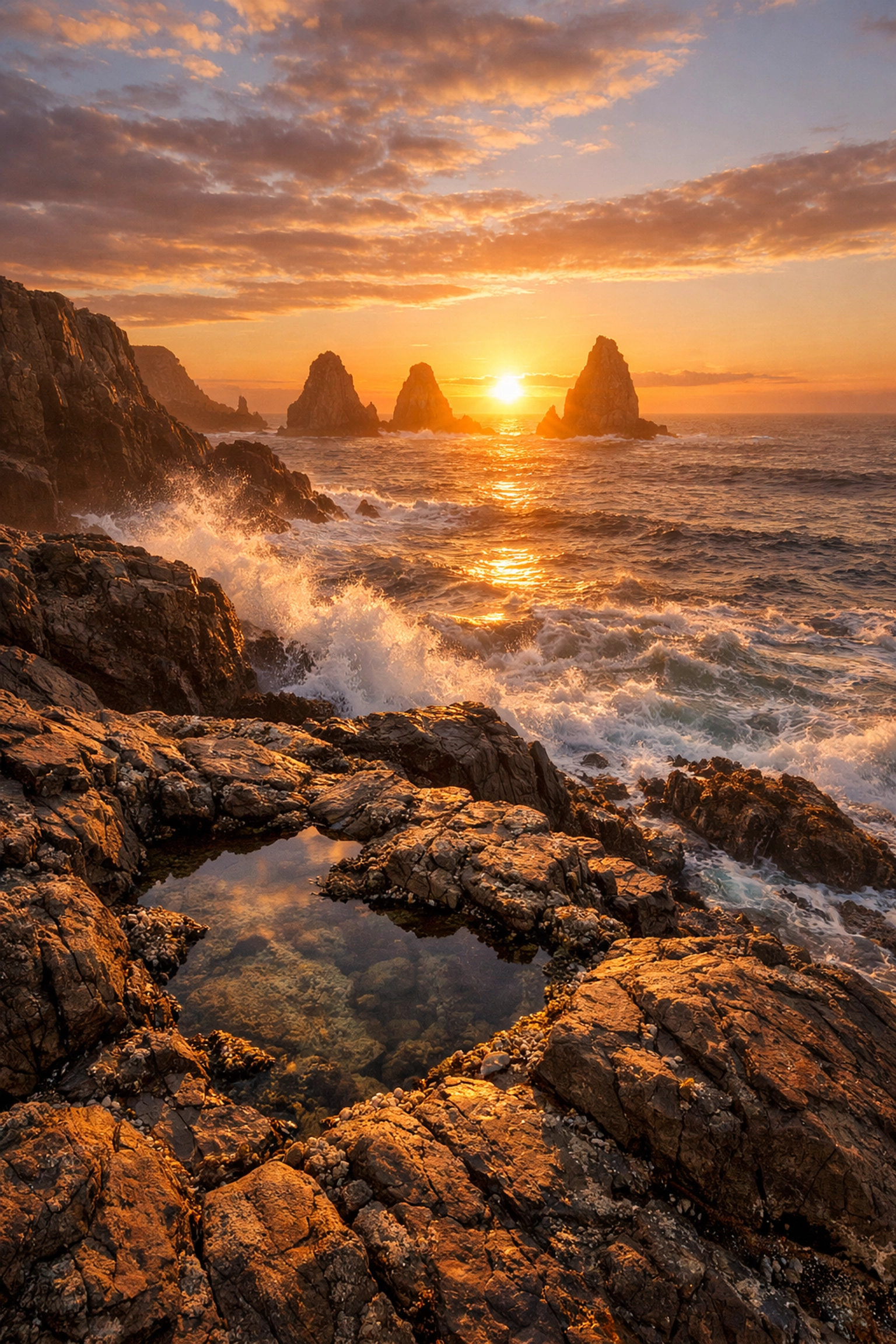 Dramatic golden hour sunset at a rocky coast demonstrating landscape photography tips for lighting and depth.