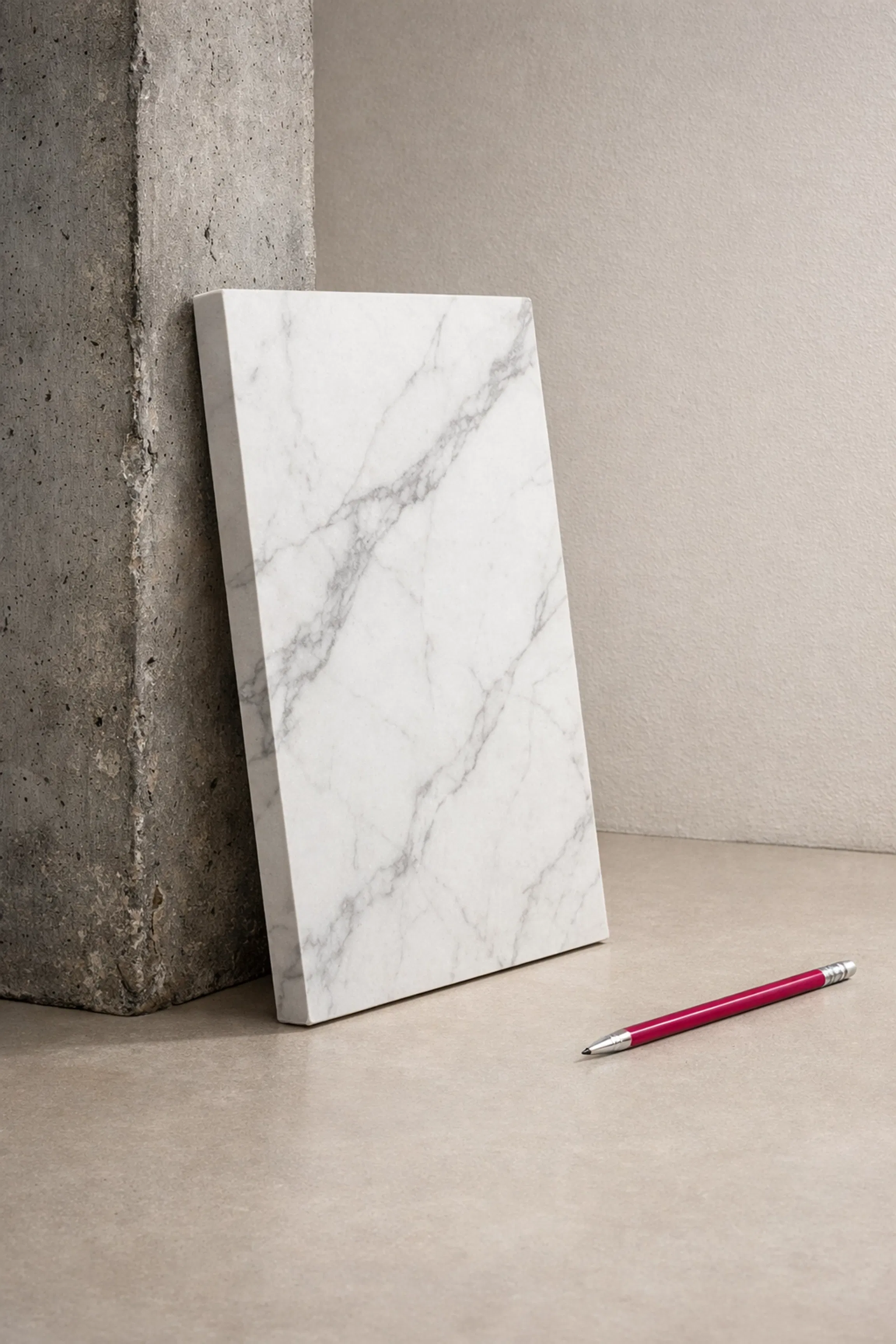 A sustainable, 100% recycled plastic sheet with a marble-effect finish, displayed next to a concrete block for scale.