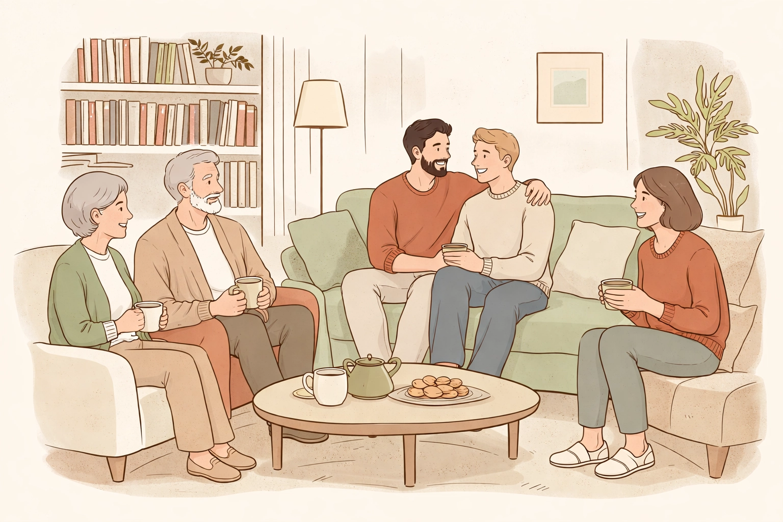Gay couple welcomed by supportive family in living room showing LGBTQ+ family acceptance