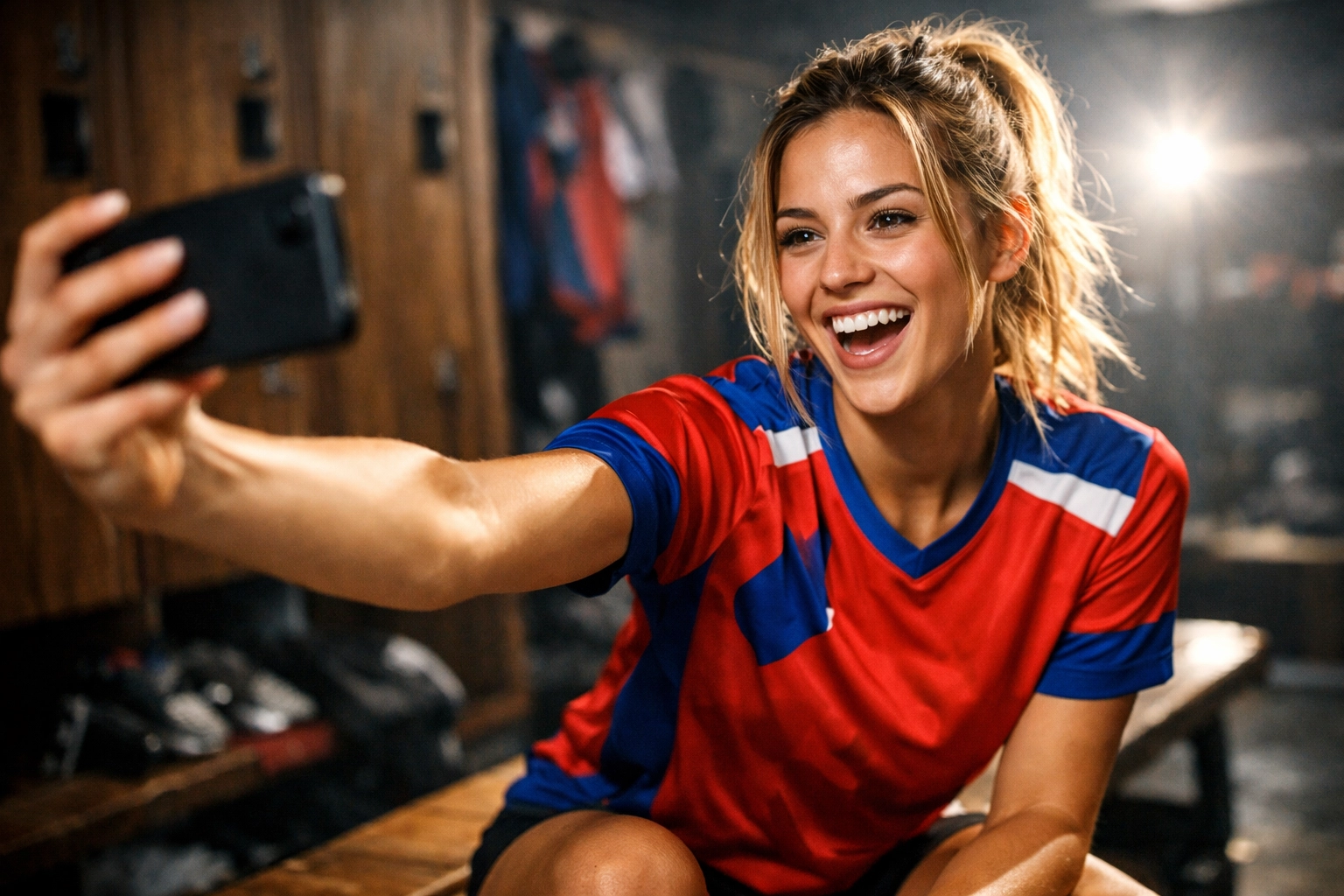 Female college athlete creating authentic video content in a locker room for the NIL marketplace.