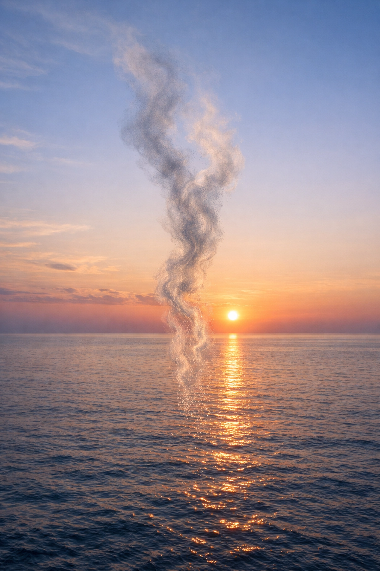 A peaceful drone scattering ashes at sea at sunset, with two sets of ashes intermingling over the waves.