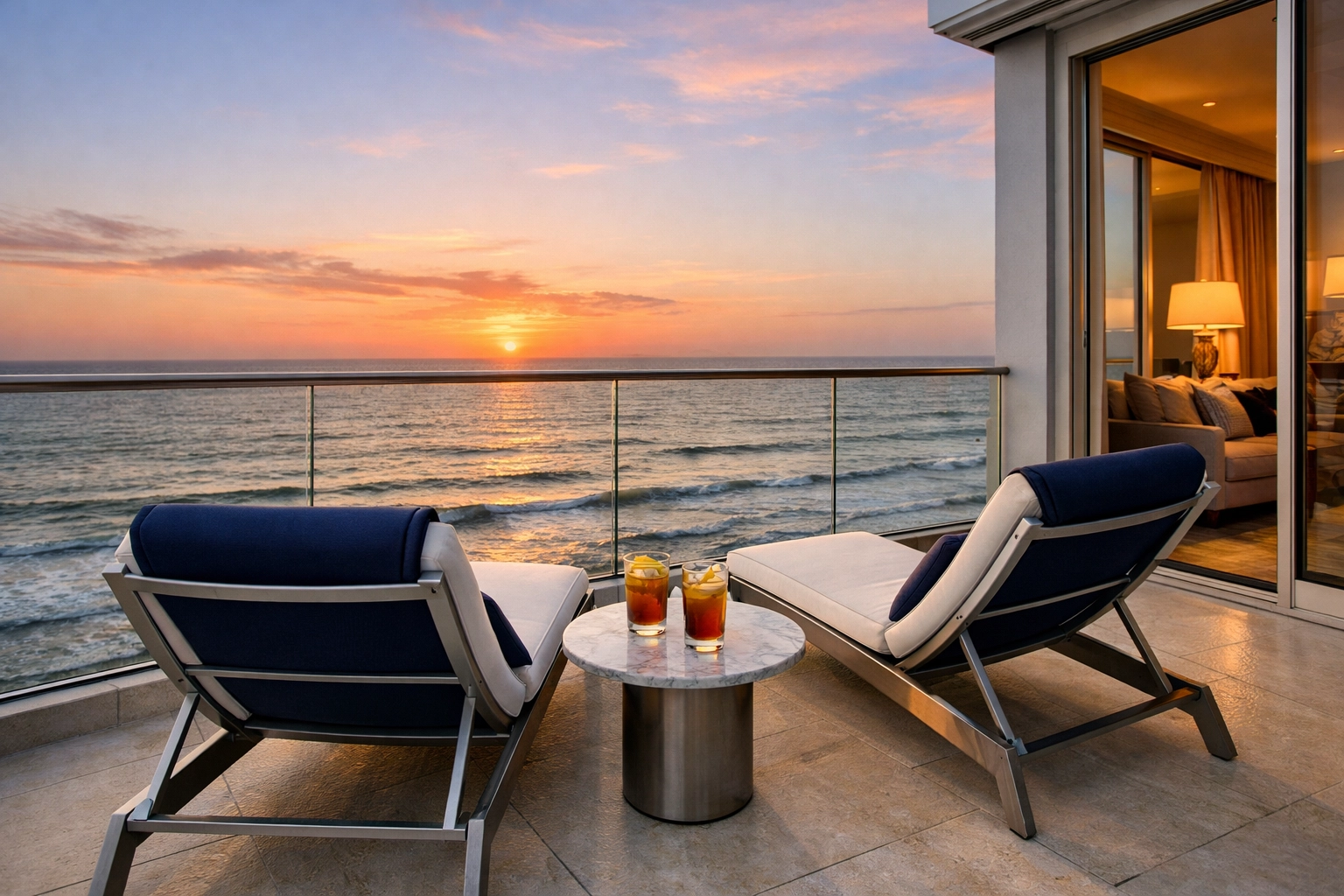 Luxury oceanfront balcony in Galveston, Texas, at sunset, showcasing high-end vacation rental potential.