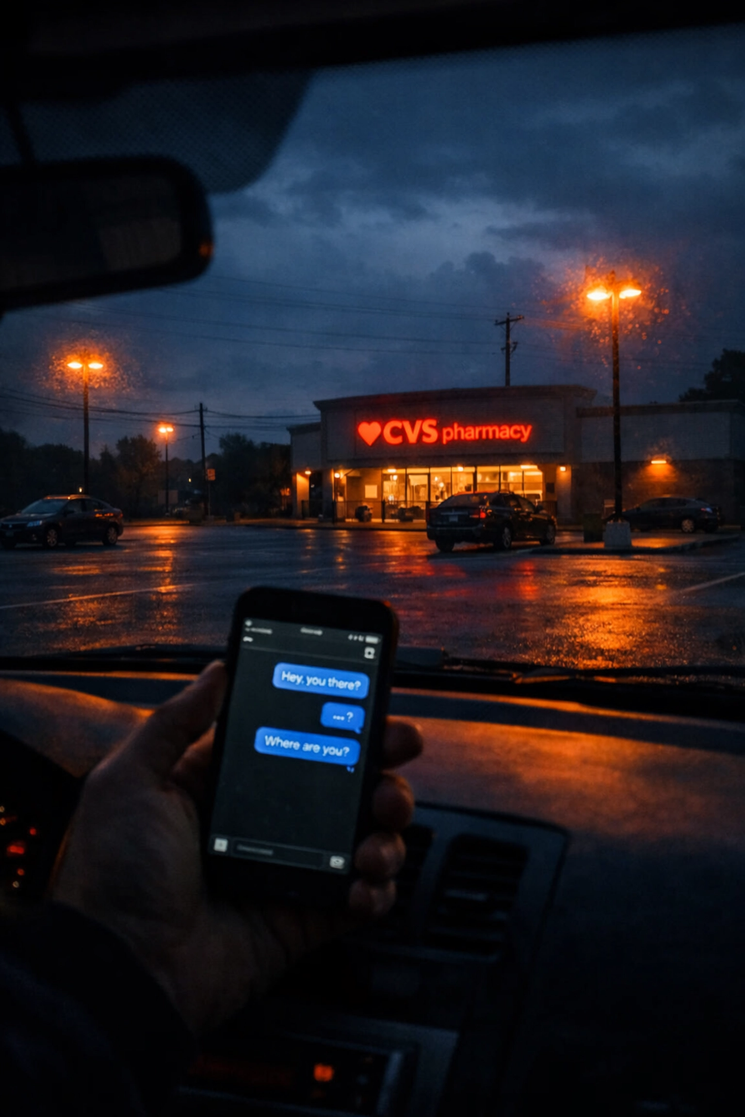 Person waiting in empty parking lot for failed Craigslist meetup with smartphone