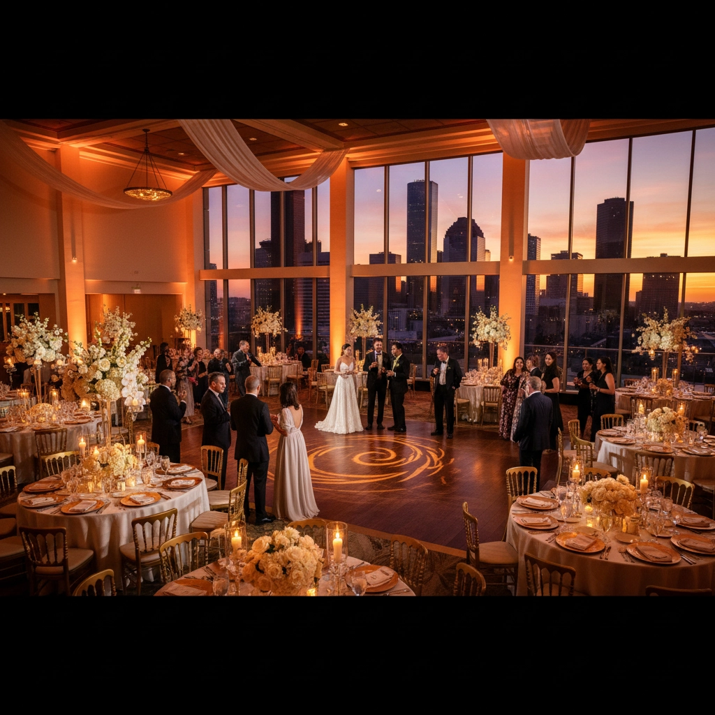 Elegant wedding reception in a high-rise hall at sunset. Guests surround a couple dancing. Warm lighting, floral decor, and city skyline view.