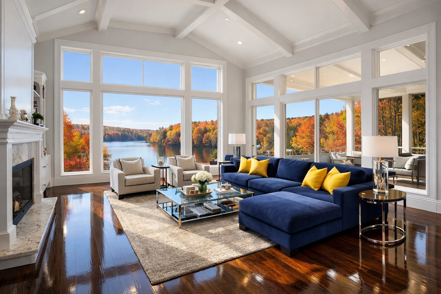 Luxury living room in a Massachusetts estate with spotless hardwood floors after professional house cleaning.