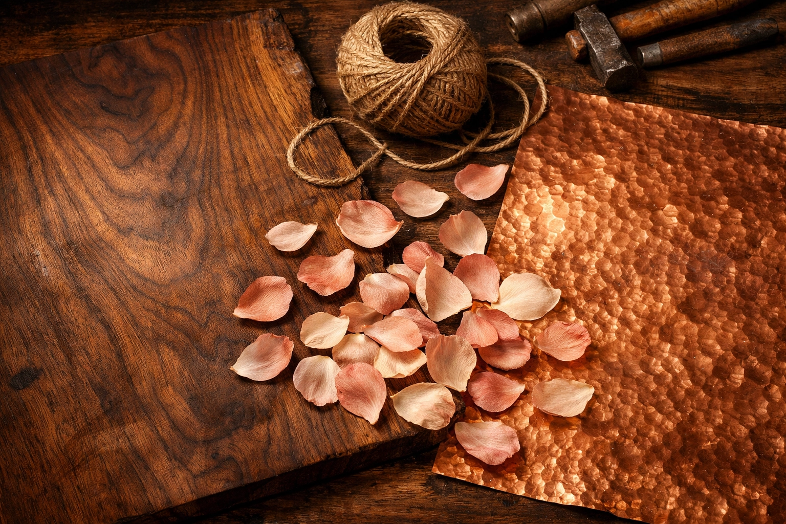 Artisanal workbench with raw walnut wood, jute twine, and hammered copper materials for handcrafted accessories.