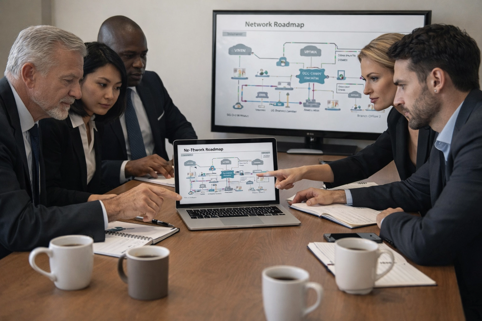 Business leaders analyzing network roadmaps and sd-wan solutions on a digital conference table.