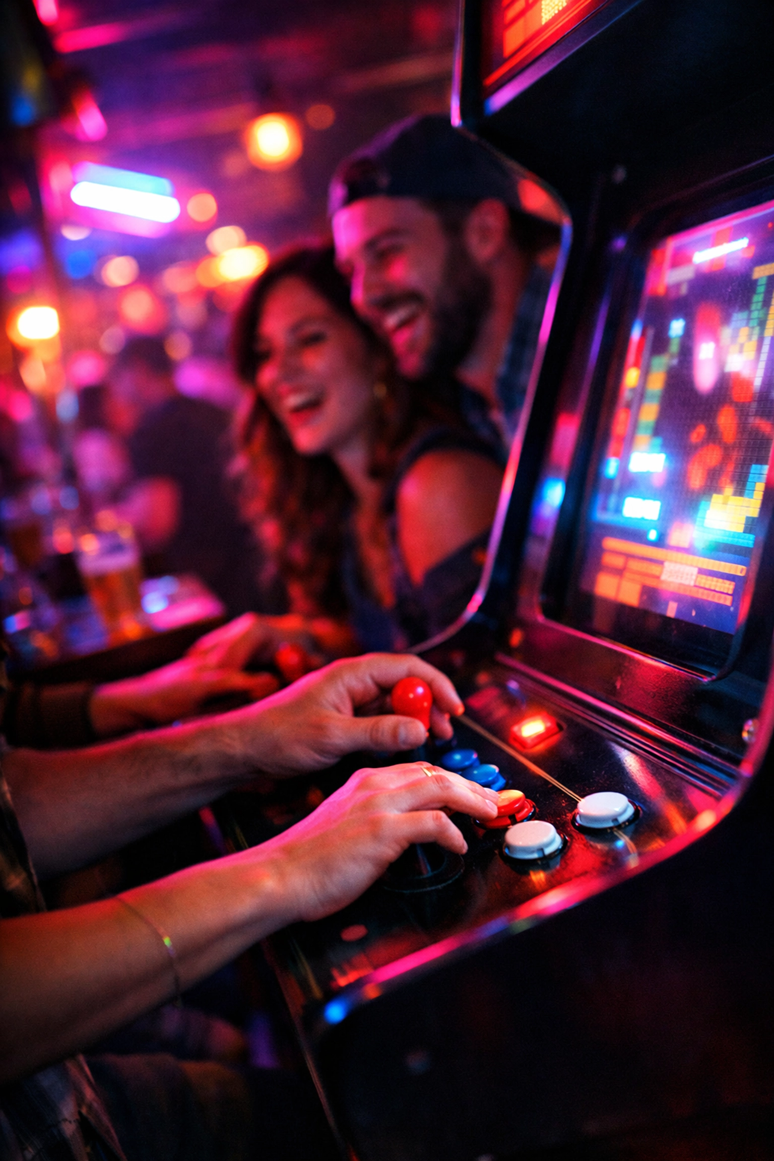 Friends playing retro arcade games at a neon-lit bar in Montreal, perfect for a weekend 5-à-7.