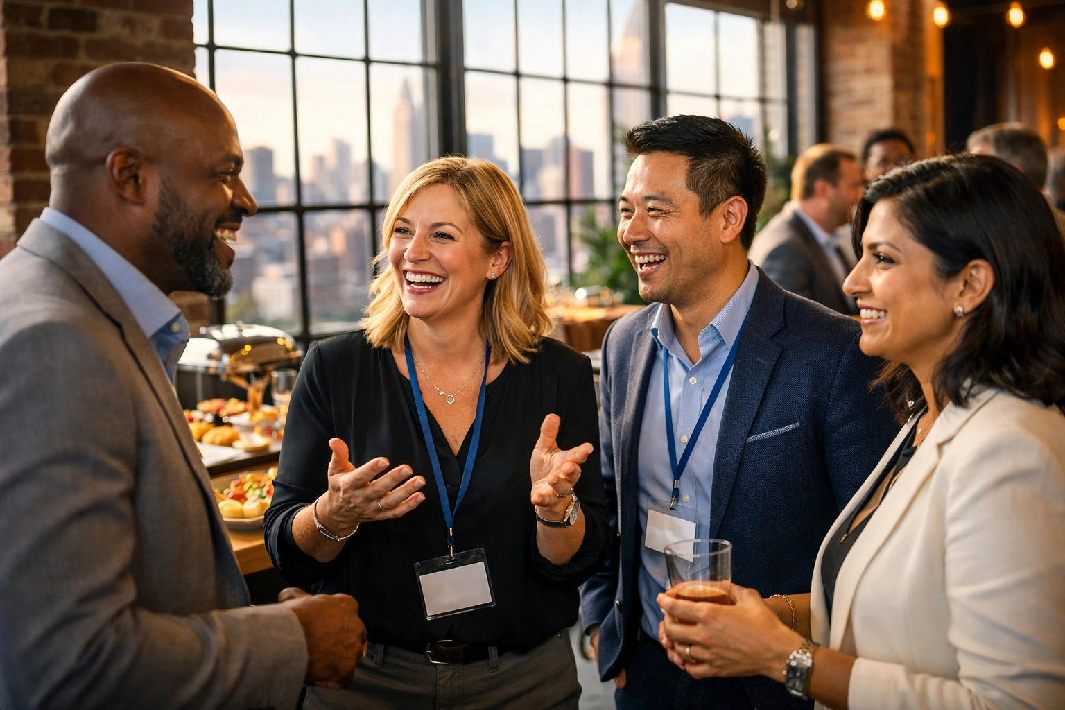 Candid business event photography of professionals networking during a Manhattan corporate event.