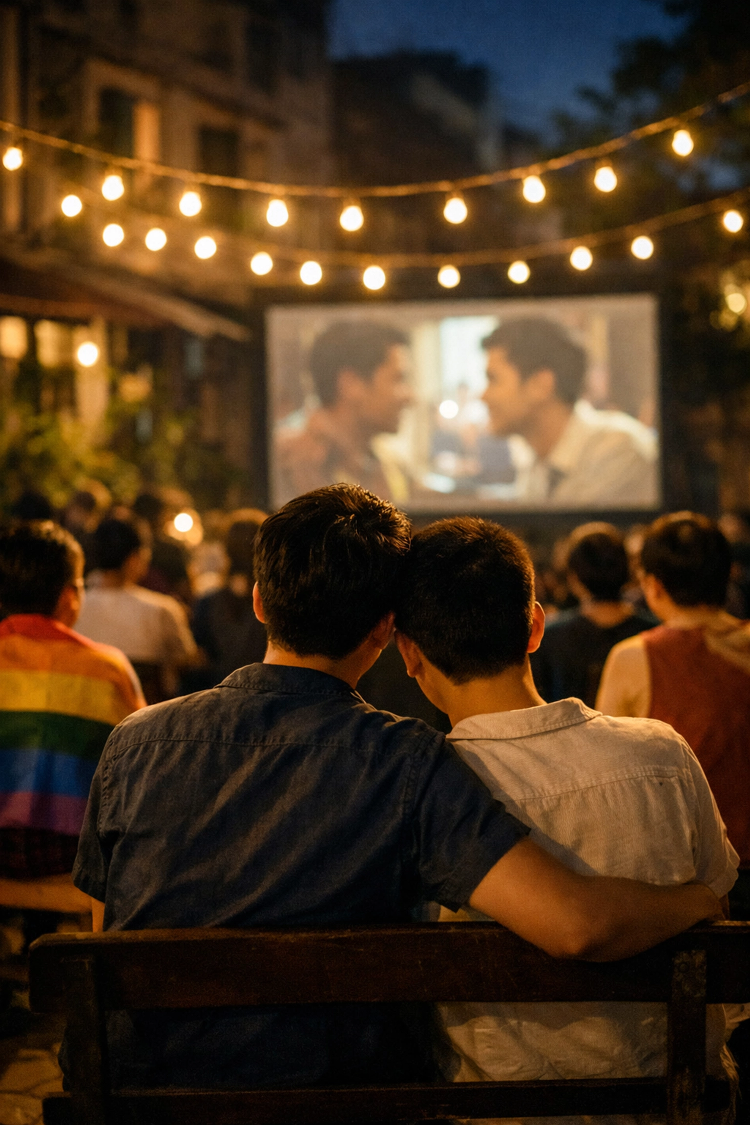 Gay couple watching queer film at Hanoi International Queer Film Week screening