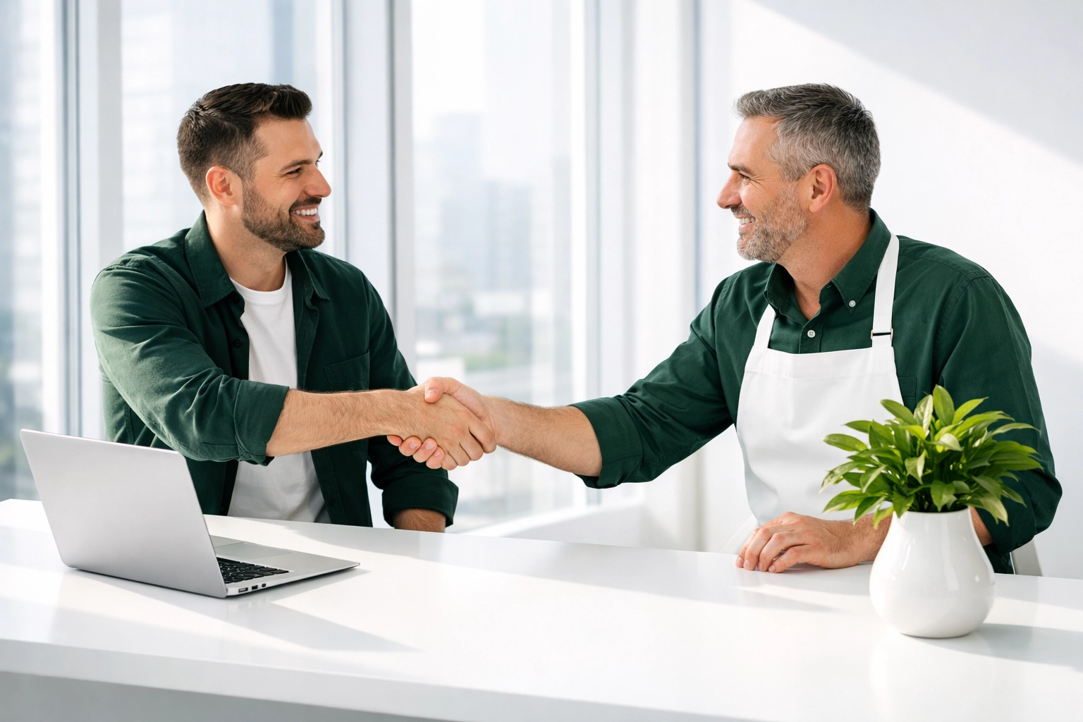 A web development company professional shaking hands with a client to start a local SEO project.