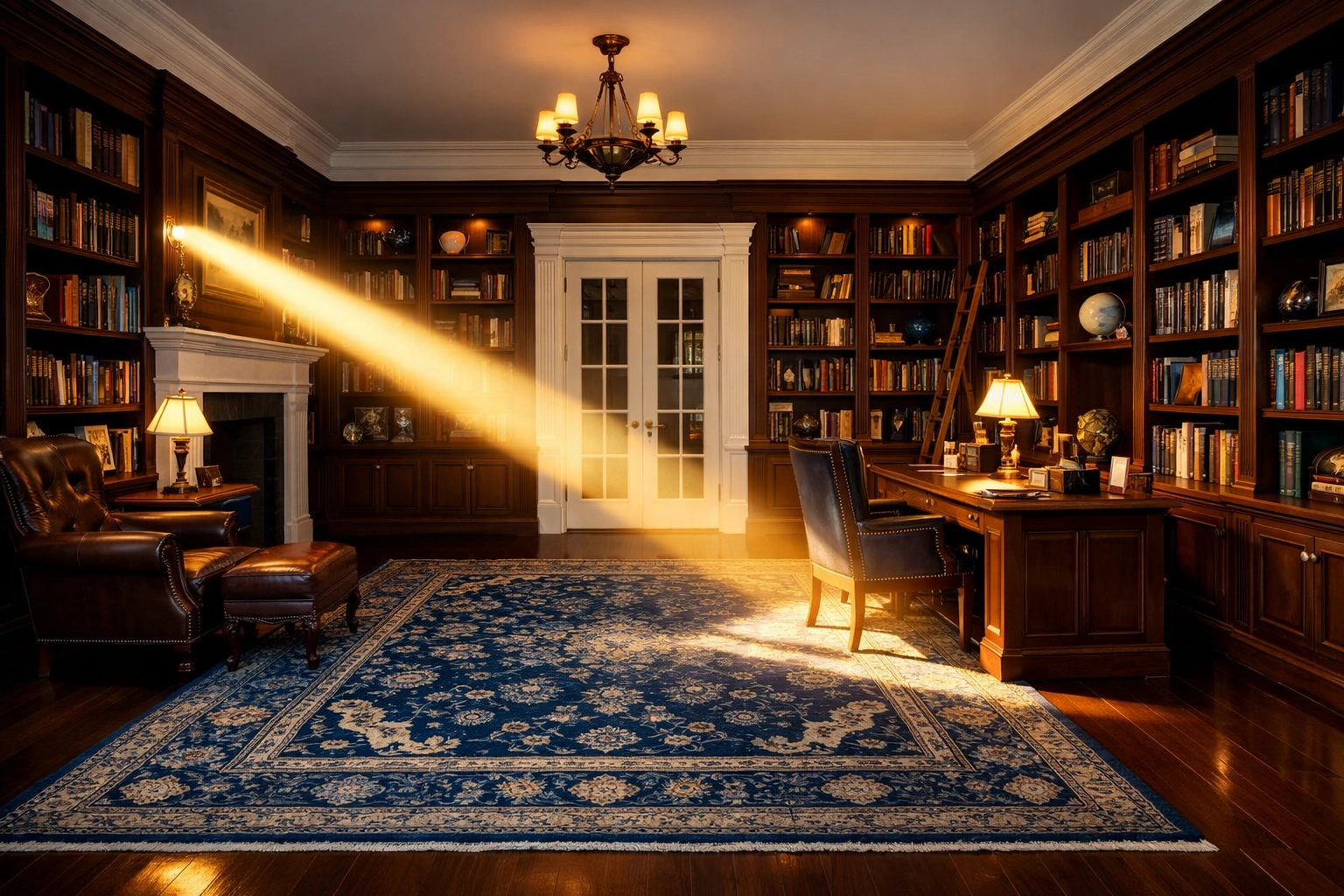 Sunlight shining through a dust-free luxury library after residential cleaning Massachusetts with HEPA filtration.