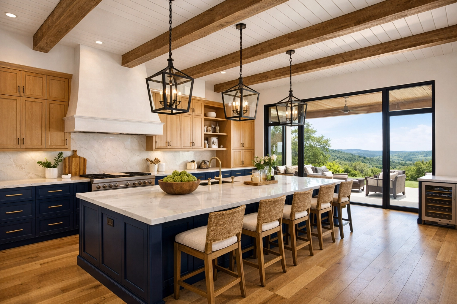 Luxury Austin kitchen with navy blue cabinet painting and natural oak refinishing in West Lake Hills.