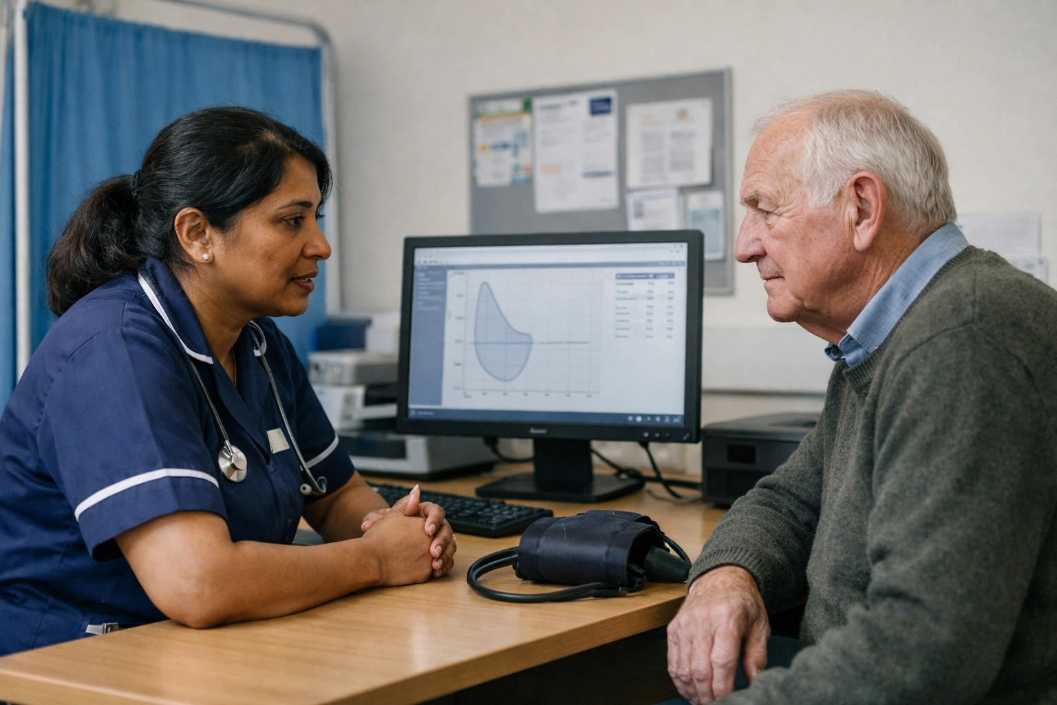 NHS respiratory nurse and patient discussing lung function results during a COPD and asthma diagnostic consultation.