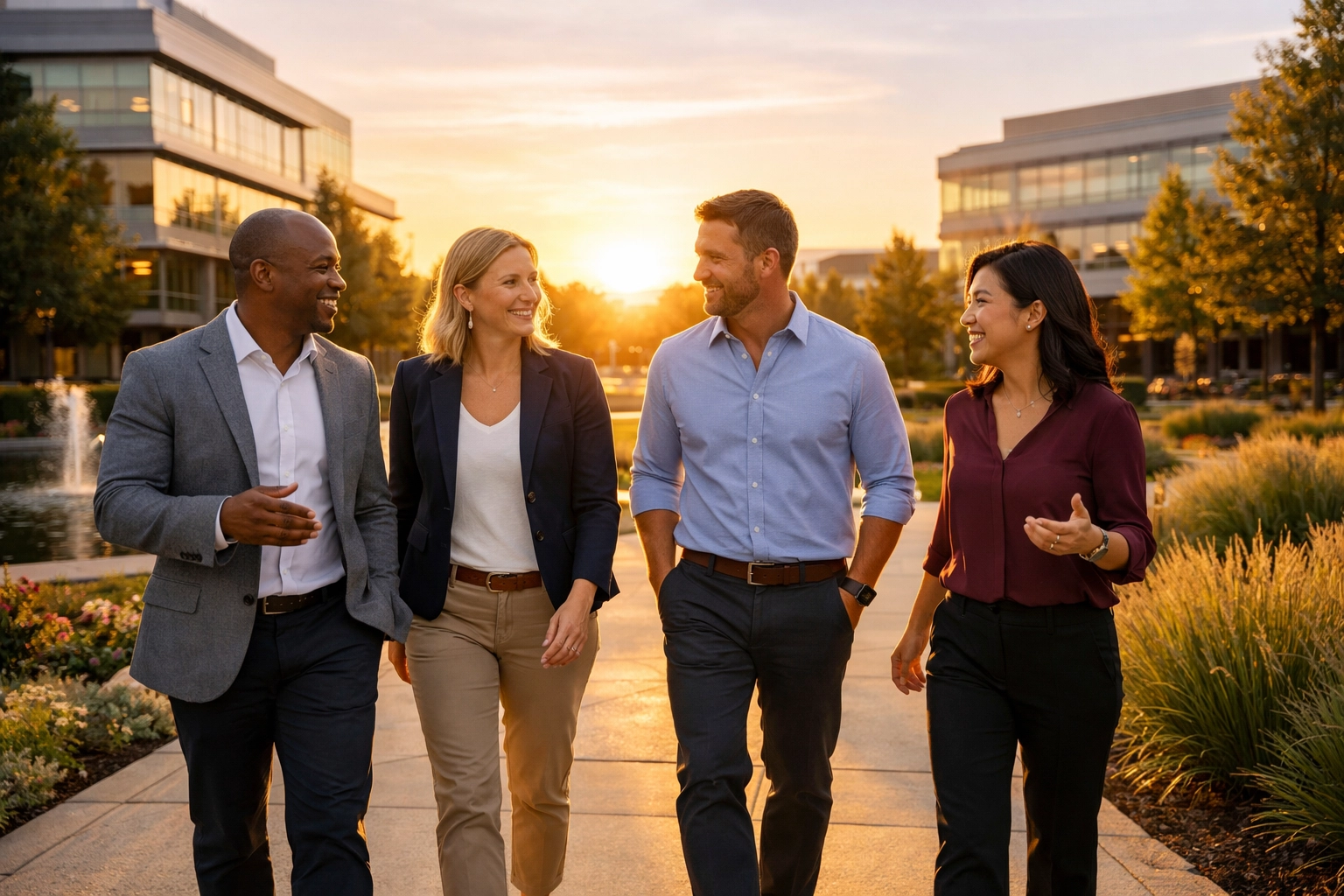 A collaborative leadership team walking outdoors, representing a professional support network and relational architecture.