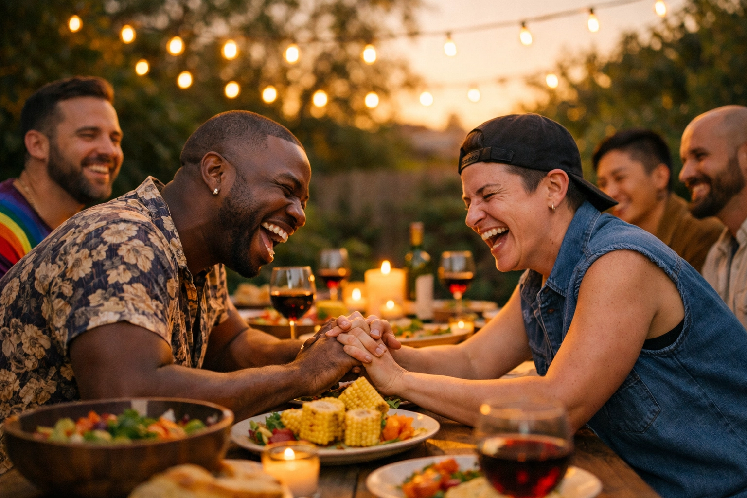 Diverse LGBTQ+ friends laughing at dinner, showing the sacred connection of chosen family in queer spirituality.