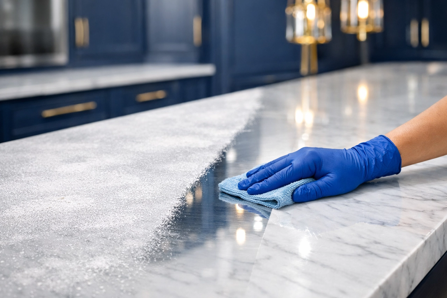 A gloved hand wipes away drywall dust during post construction cleaning in Hudson on a kitchen island.