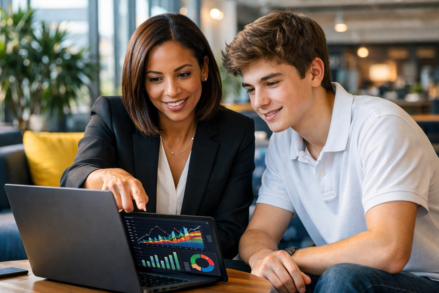 Business mentor and high school student collaborating on a digital data analytics project.