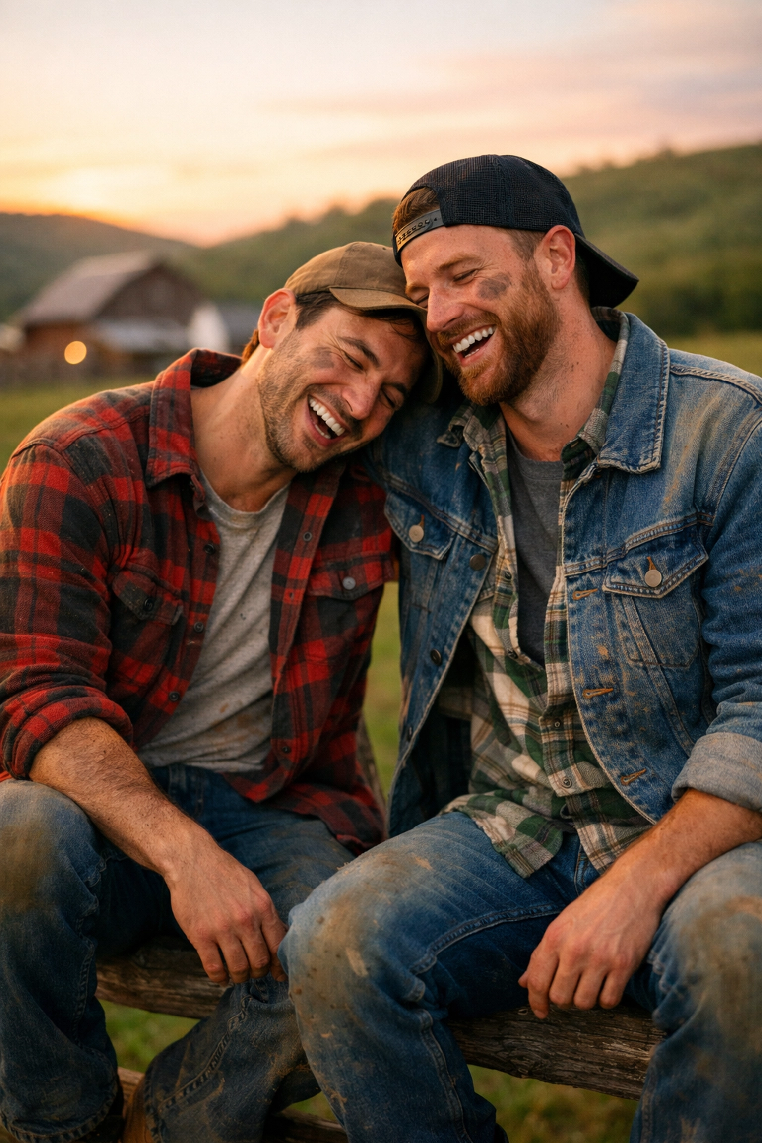 Gay ranch hands laughing together on a fence, highlighting the authentic characters found in Read with Pride stories.