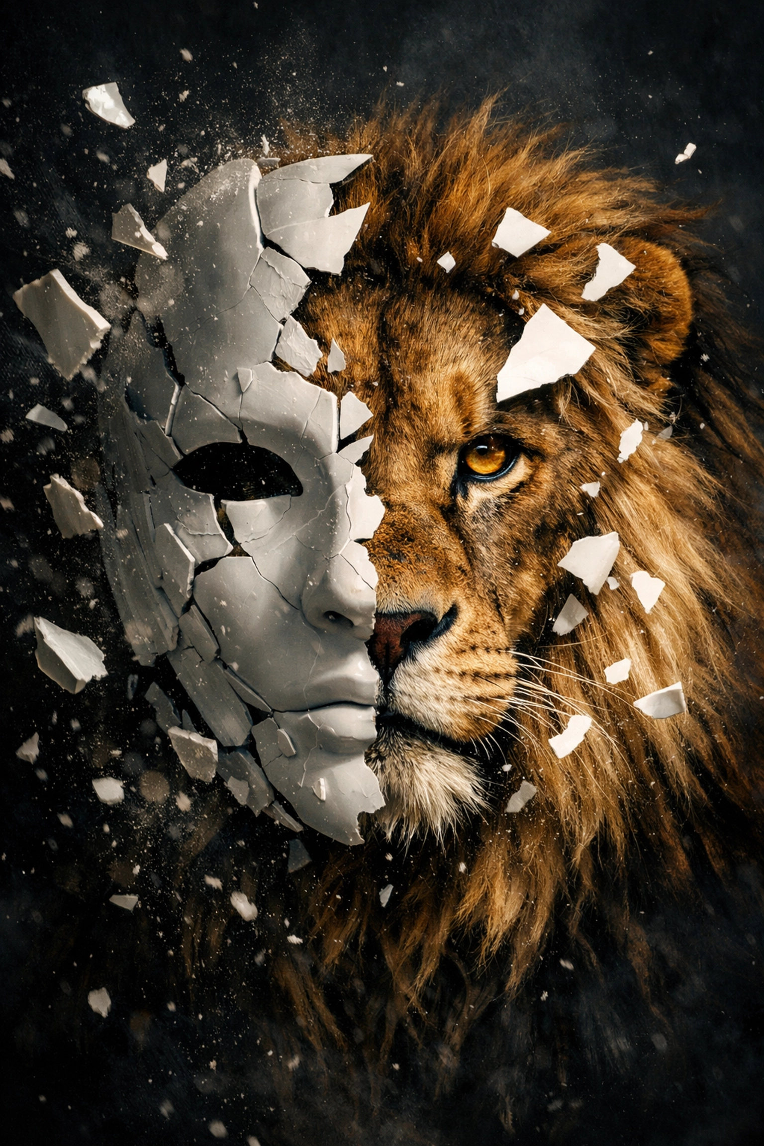 A powerful lion emerging from a breaking mask to represent reclaiming personal power and authenticity.