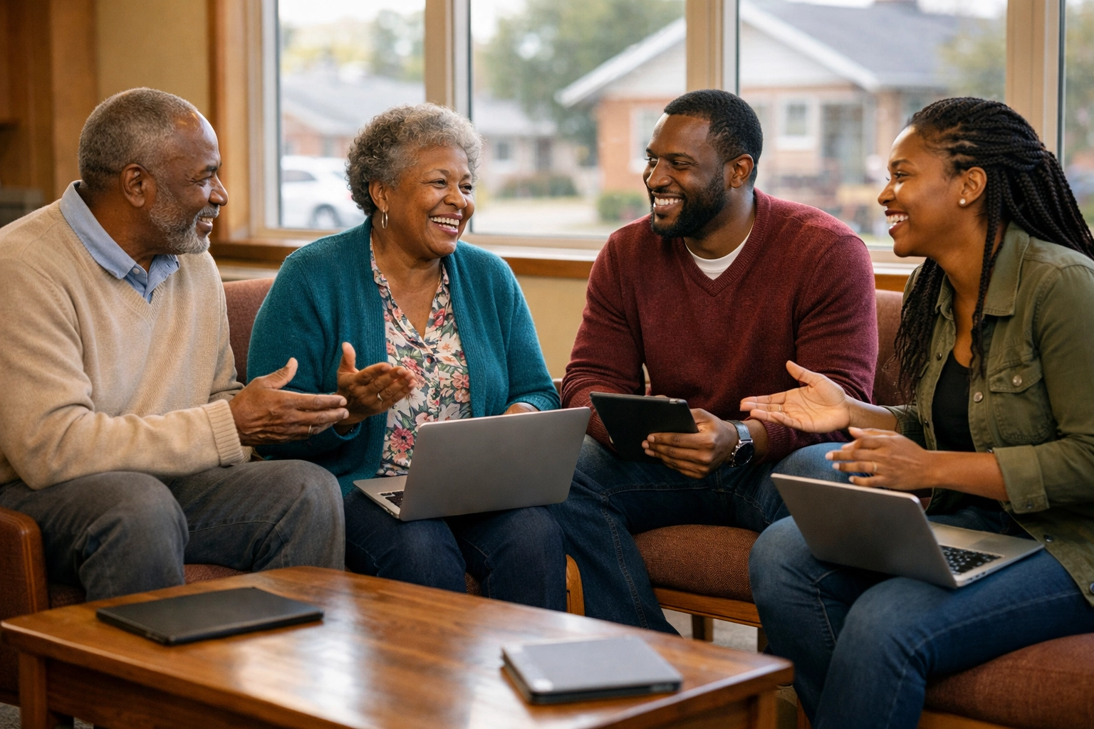 Church members meeting in fellowship hall for GSC network peer support session