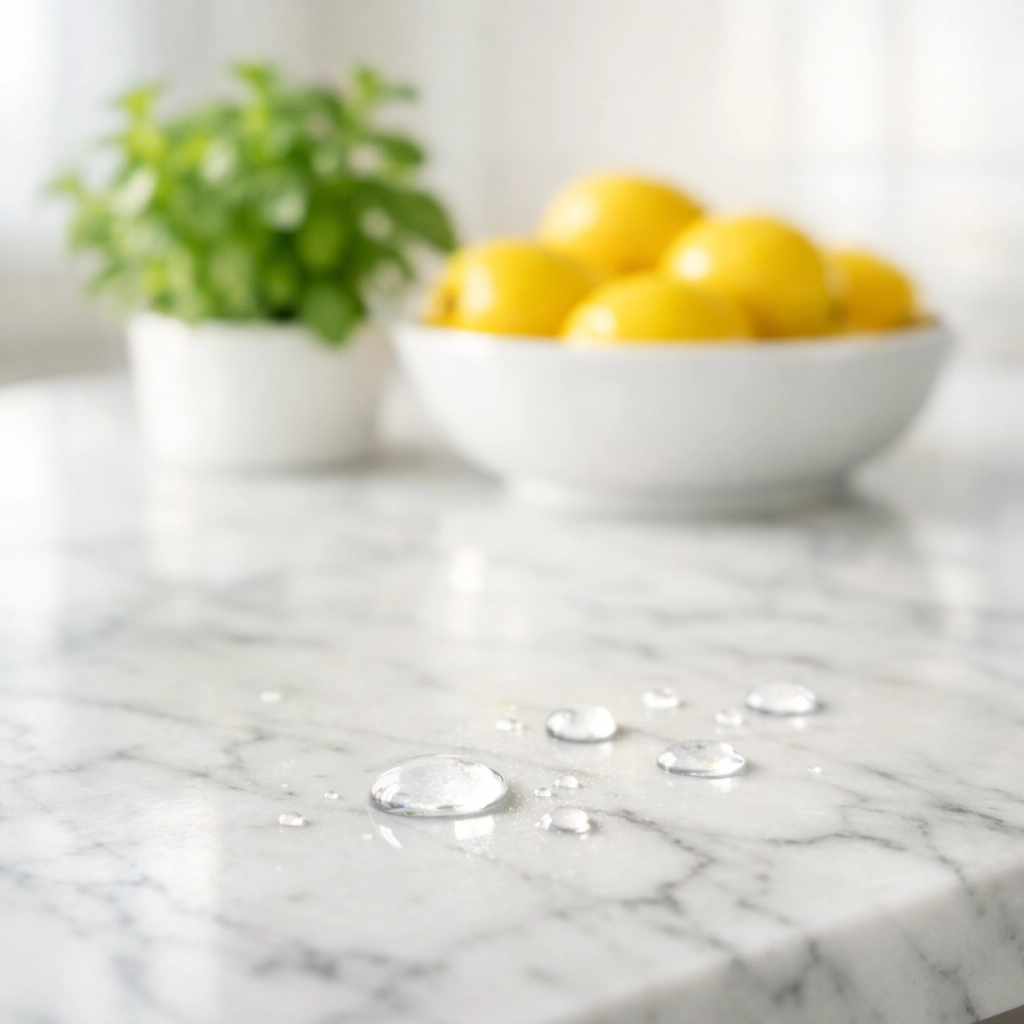 Eco-friendly residential cleaning Massachusetts on a pristine Carrara marble kitchen island with natural finishes.