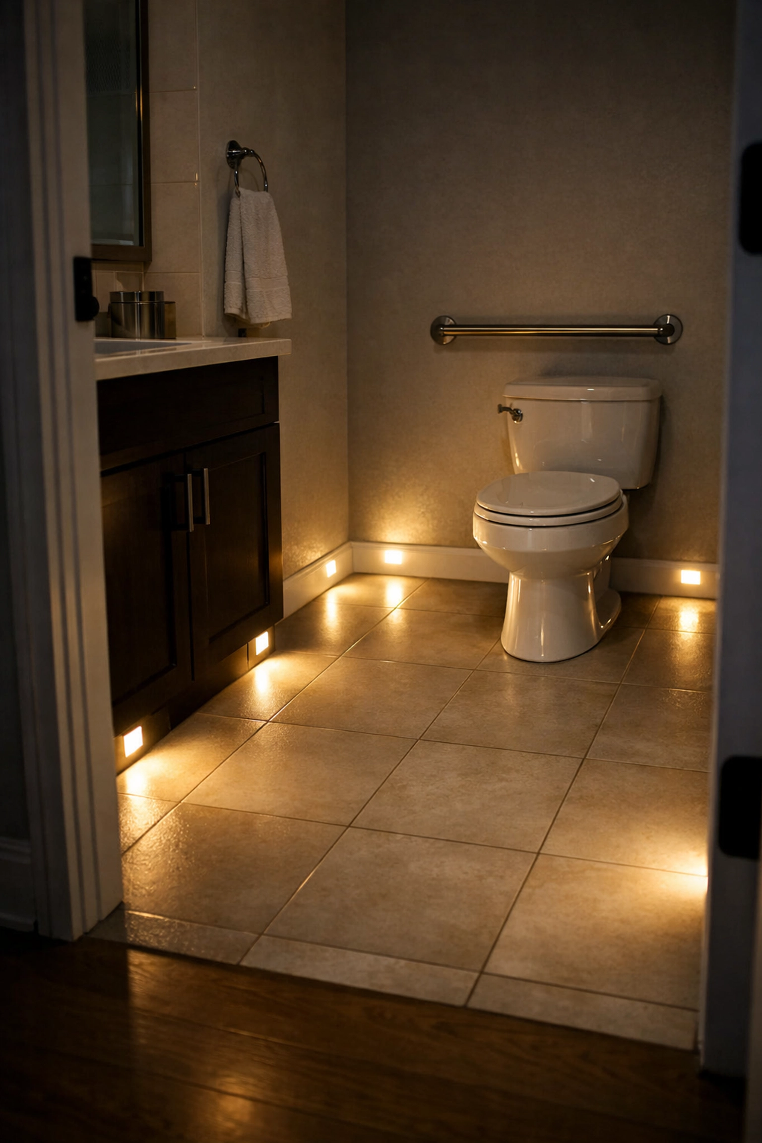 Bathroom with motion-sensor nightlights illuminating safe pathway and grab bar for nighttime fall prevention
