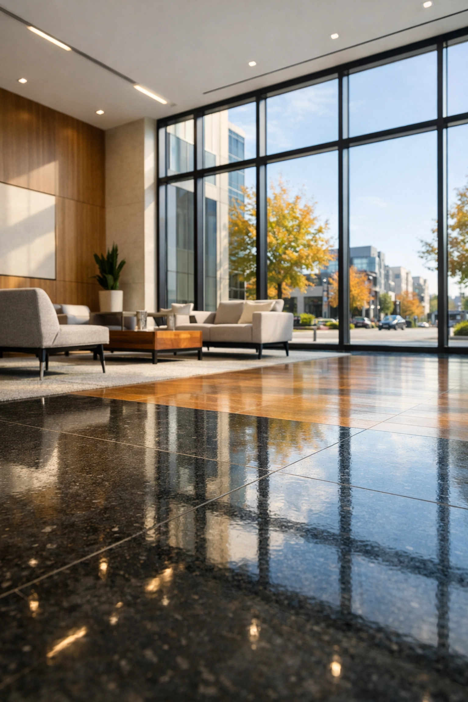 Polished stone floors in a clean, modern Indianapolis office lobby with natural sunlight.
