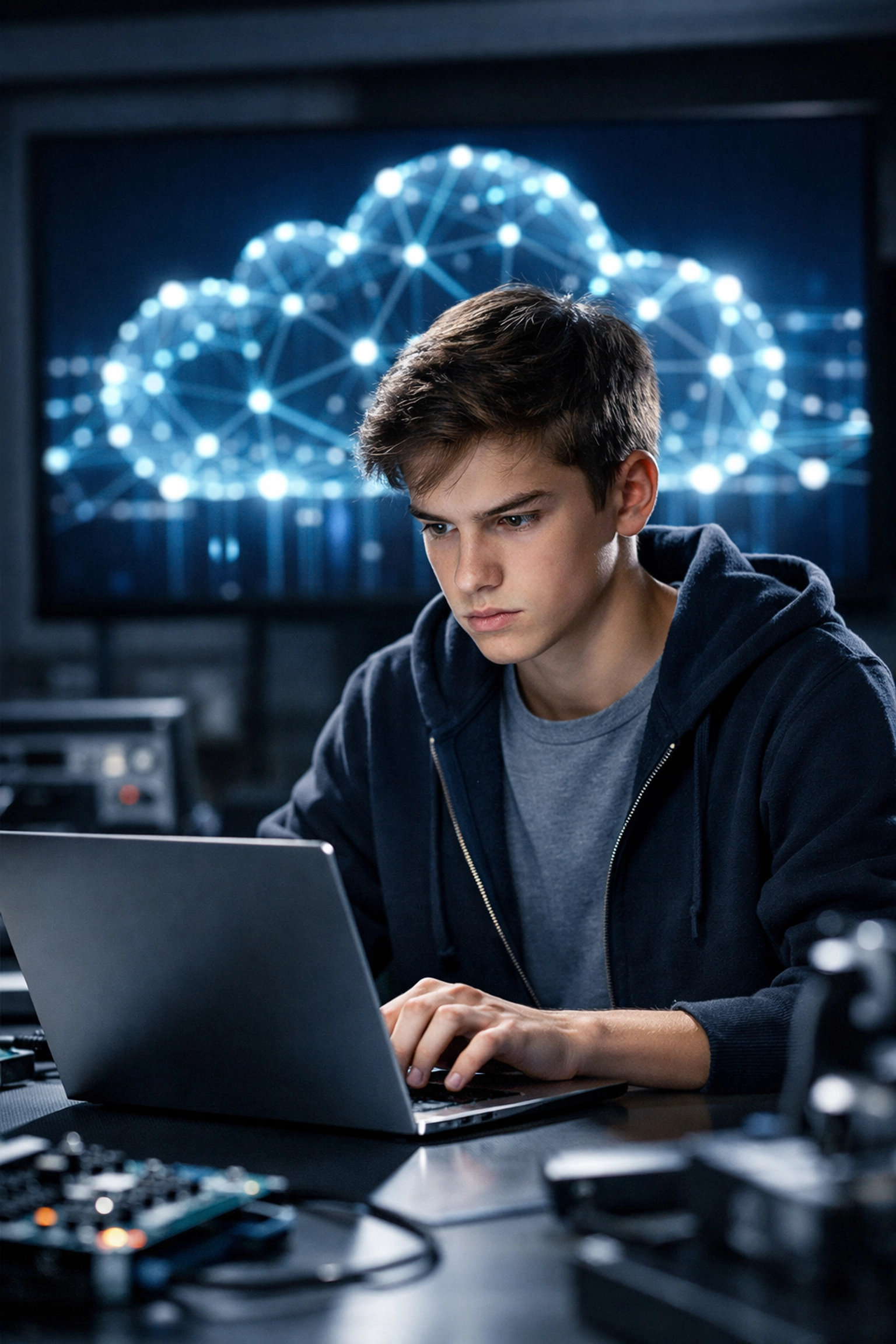 A student learning cloud computing and AI skills in a modern high-tech laboratory setting.