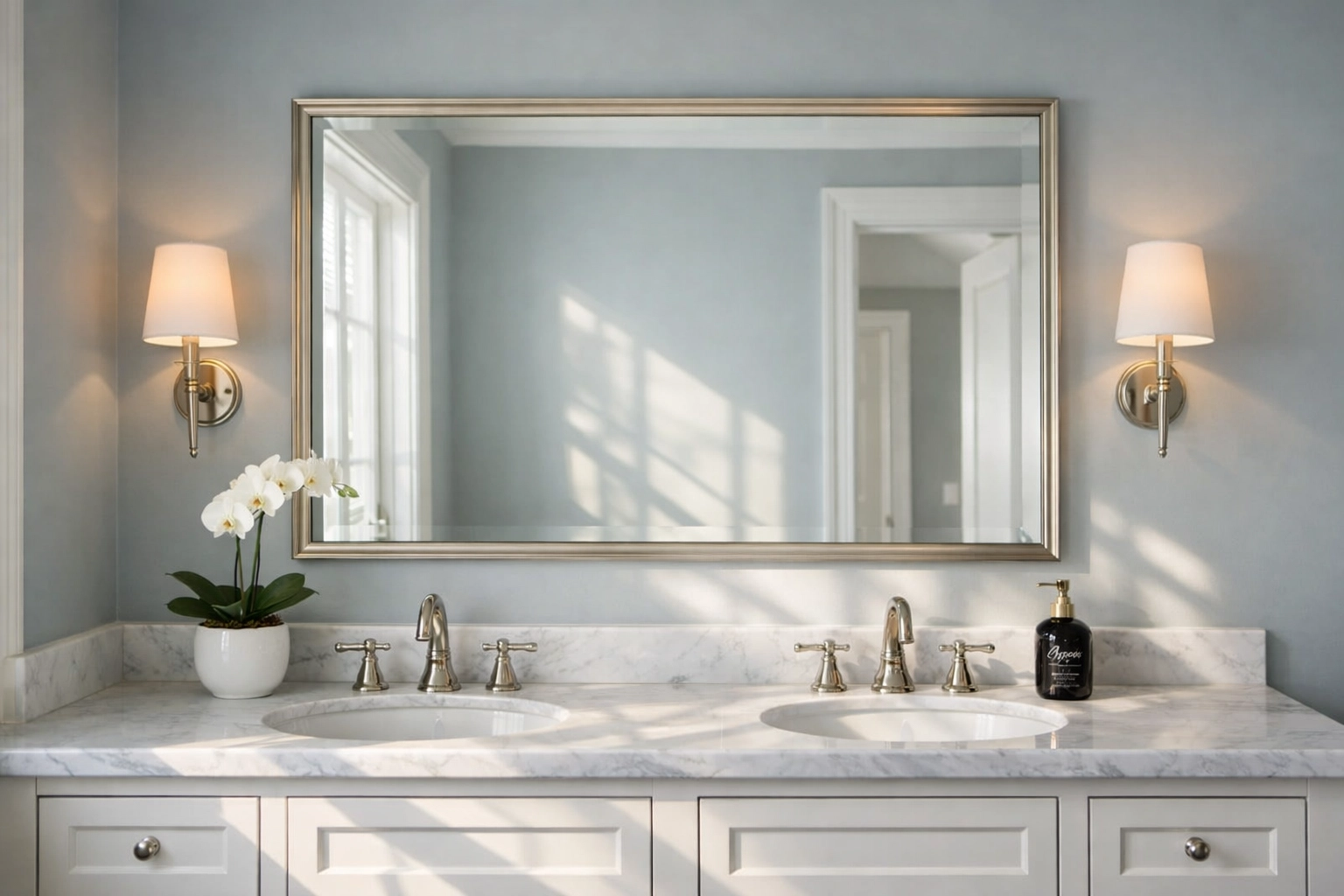 Luxury bathroom vanity with dual sinks and marble countertop in St. Augustine remodel