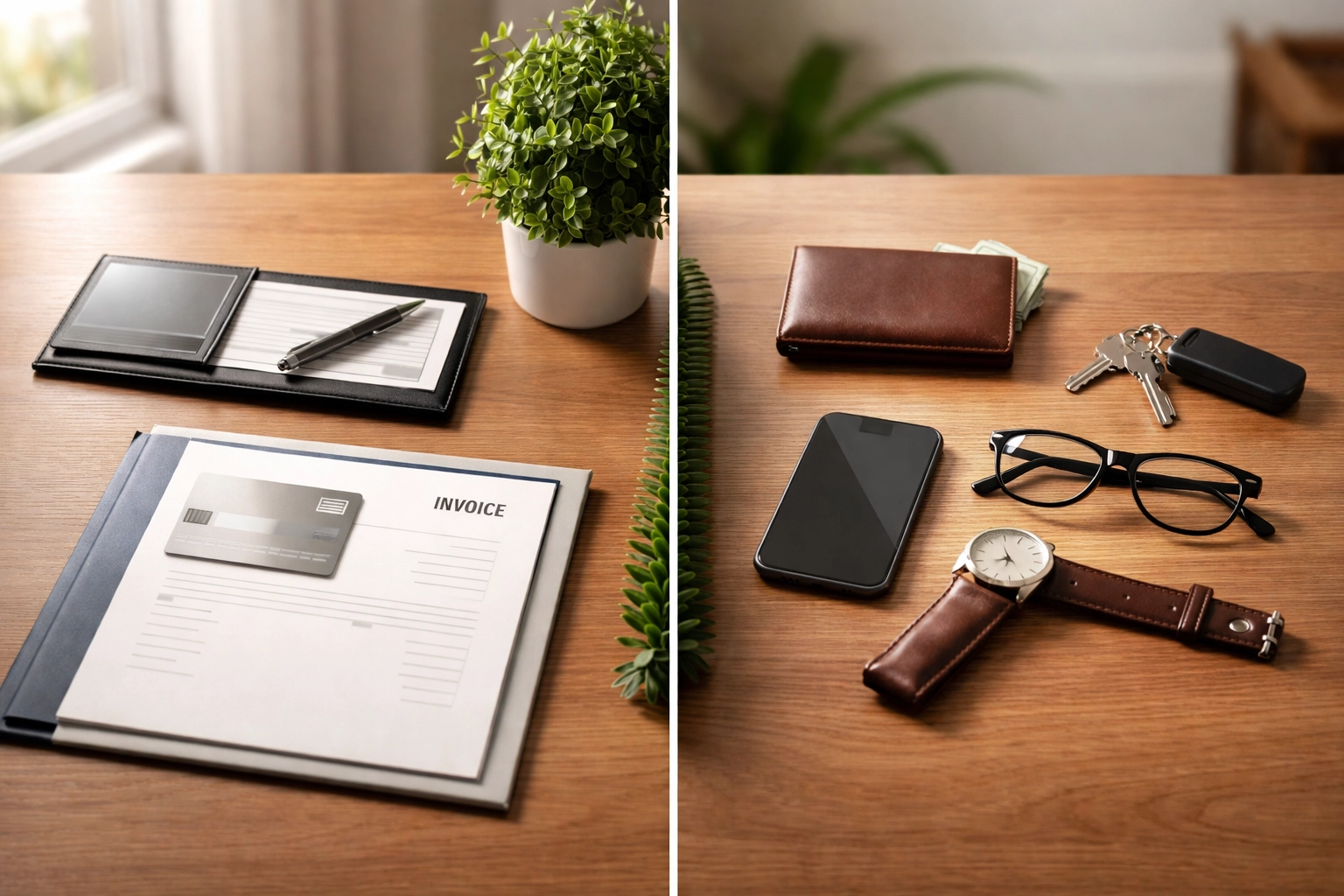 Organized desk visually separates business and personal finances for effective bookkeeping and tax preparation.