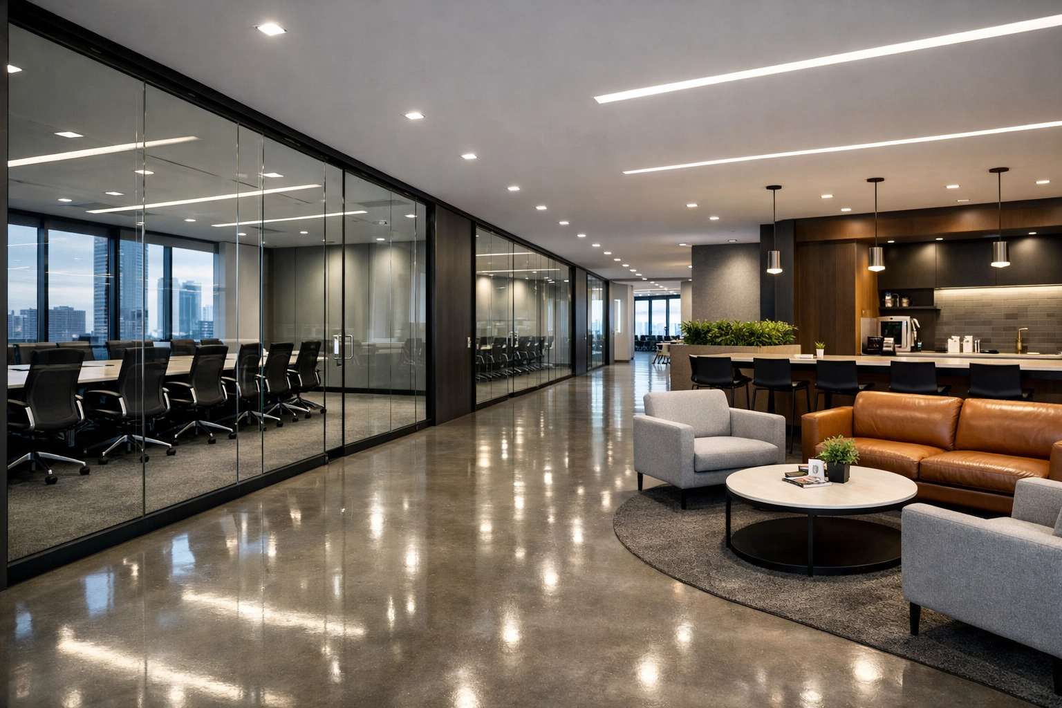 Polished office corridor floors and clean common areas maintained by recurring cleaning services.