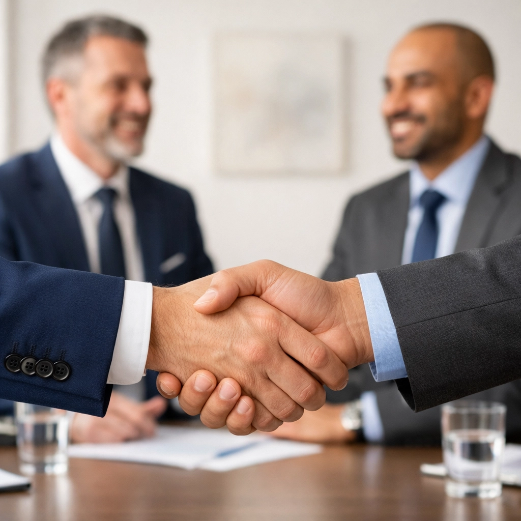 Professional handshake in a modern office representing a partnership for expert tax advisory services in Vietnam.