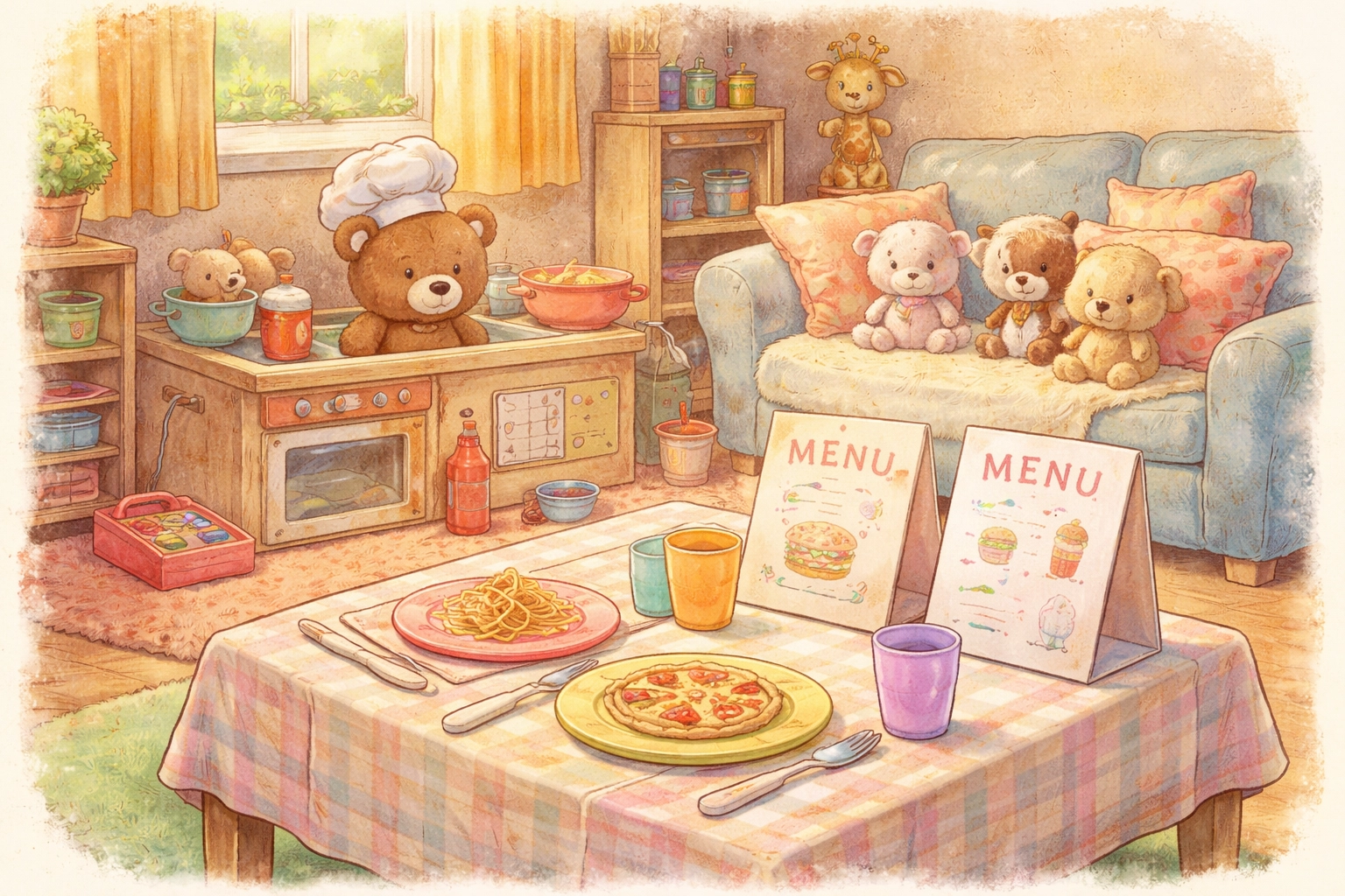 Pretend restaurant setup in a living room with play dishes, stuffed animal customers, and hand-drawn menus.
