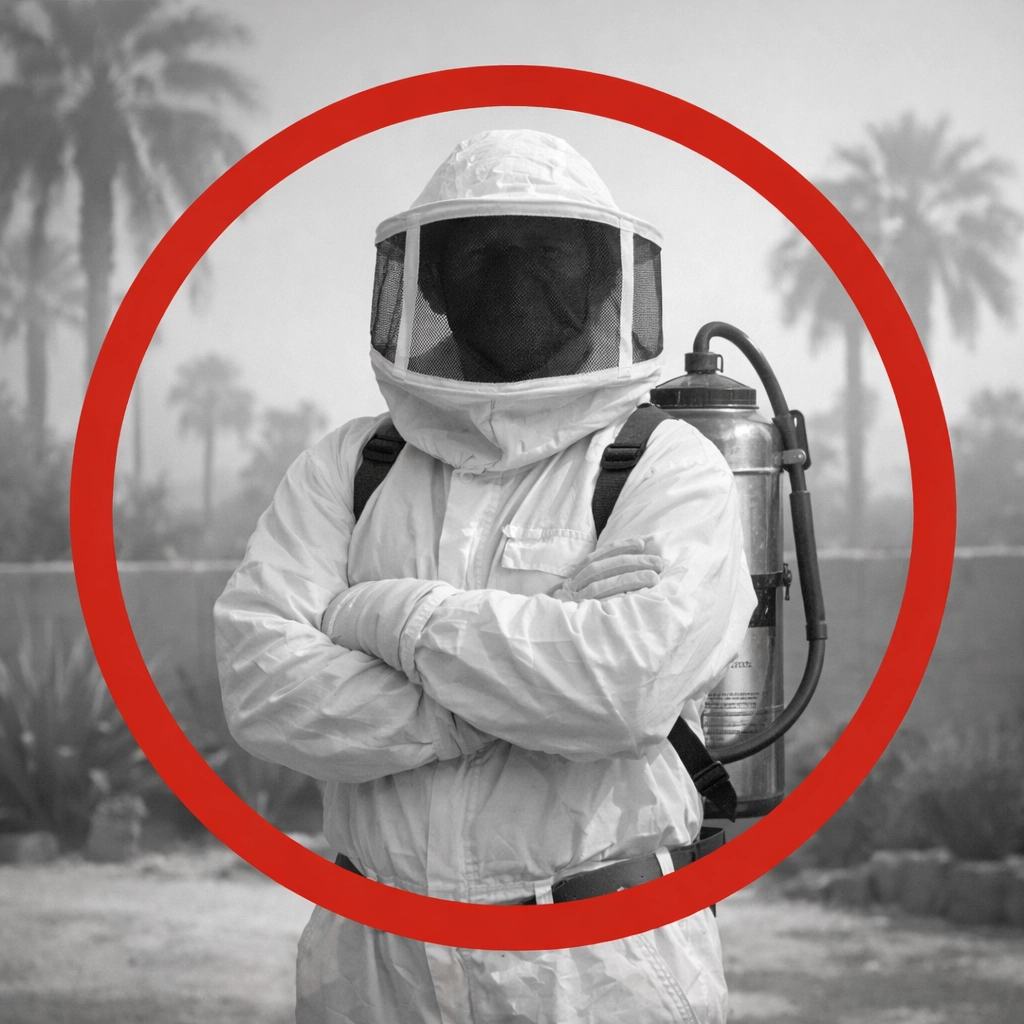 Bee removal professional wearing protective gear during a safe wasp inspection in an Arizona yard.