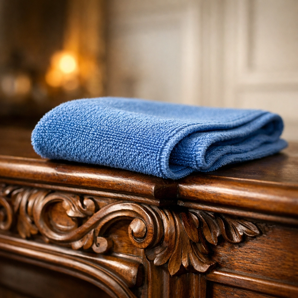 Gentle Lexington historic home cleaning of an antique hand-carved mantel using a soft microfiber cloth.