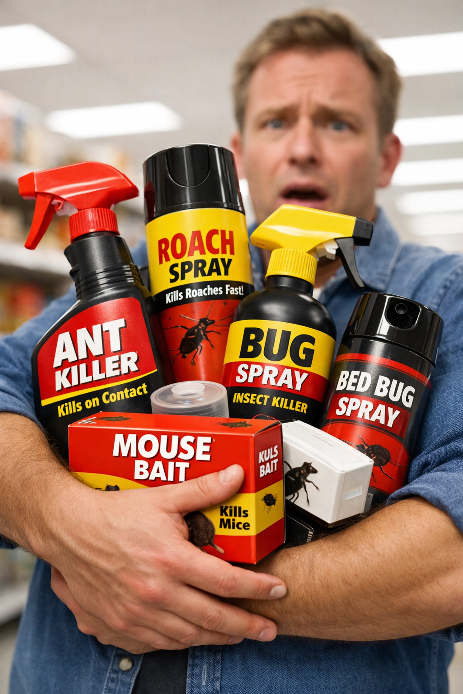 Homeowner holding multiple DIY pest control products in hardware store aisle