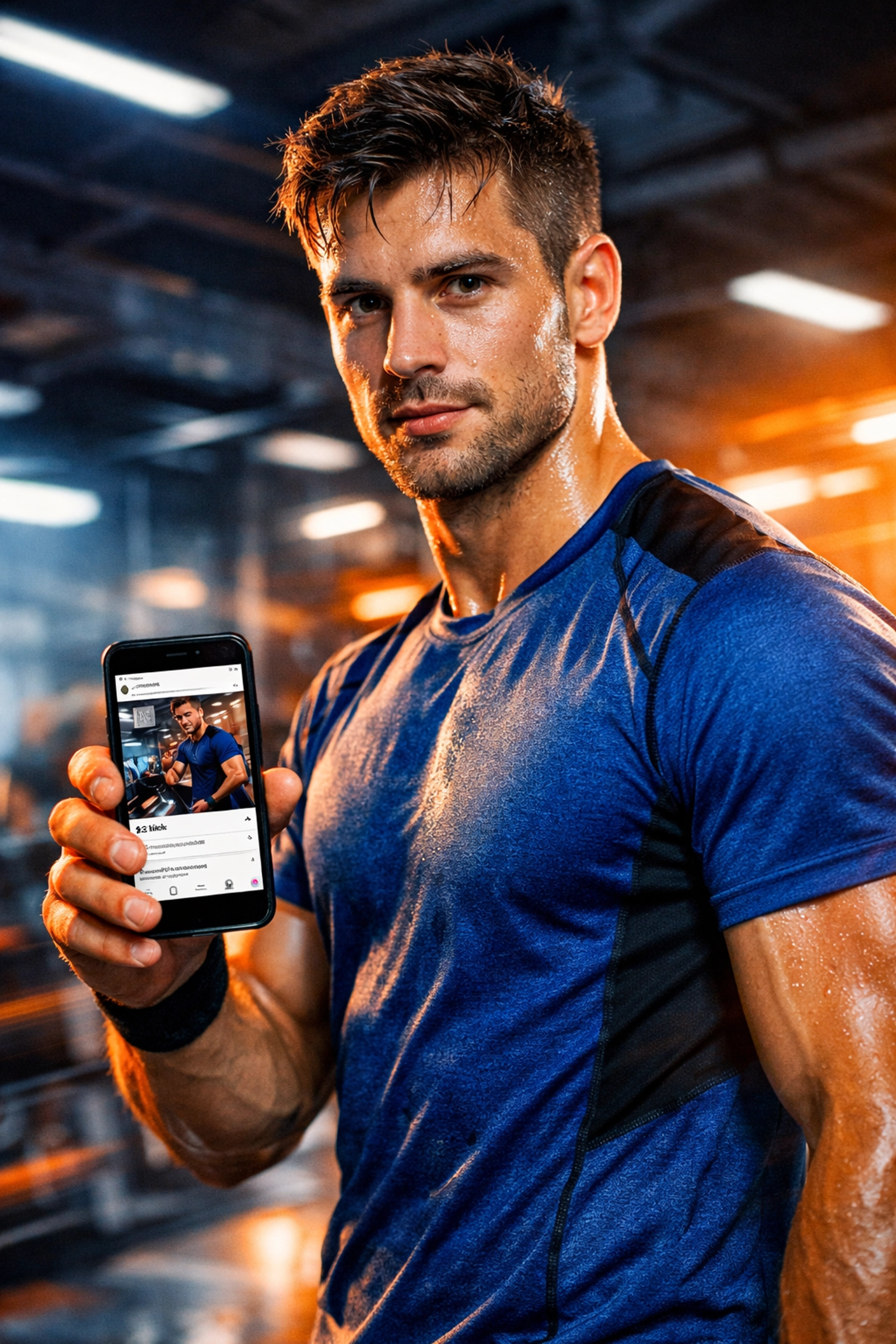 Young athlete creating social media content in gym to build personal brand and following